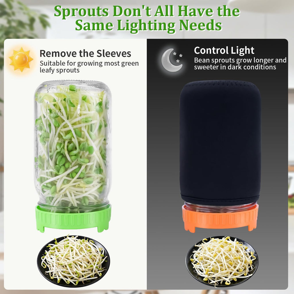 Seed Sprouting Jar Kit with Mung Beans 2.9oz, 2 Large Wide Mouth Mason Jars with Sprouting Lids, Blackout Sleeves