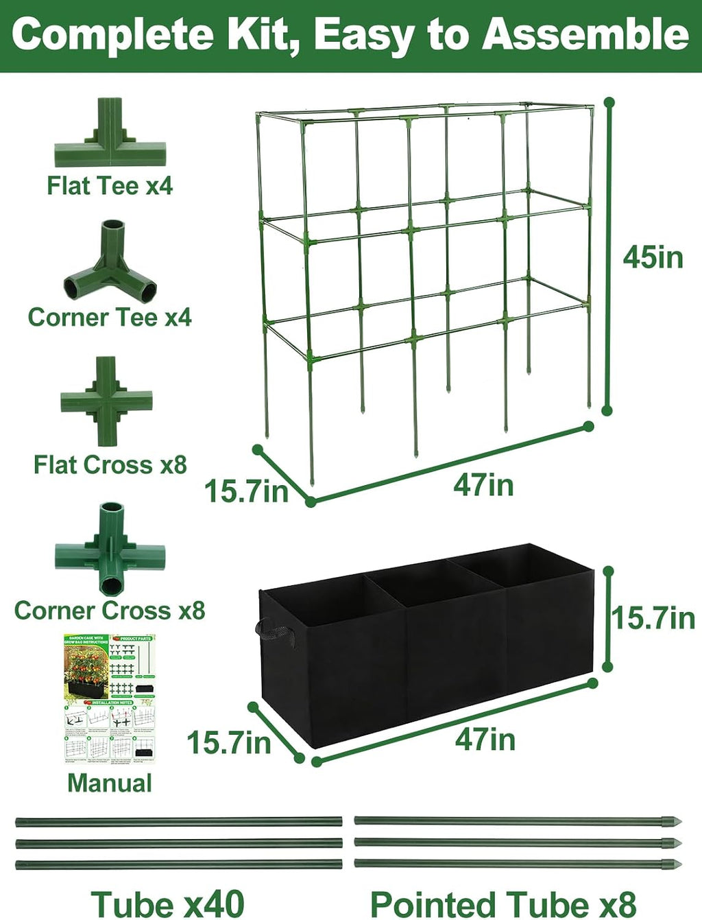 Tomato Cage with 3 Compartment 51 Gallon Grow Bag - 47" L × 15.7" W × 45" H Heavy Duty Square Tomato Planter Trellis