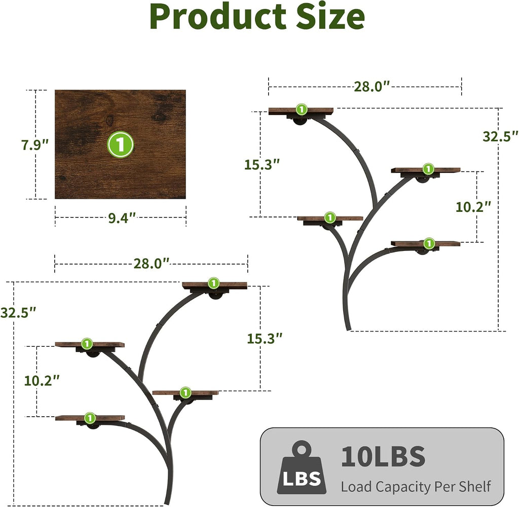 2 Pack Wall Mounted Plant Holder, 8-Tier Wall Planters for Indoor Plants | Metal and Wood Wall Planters, Easy To