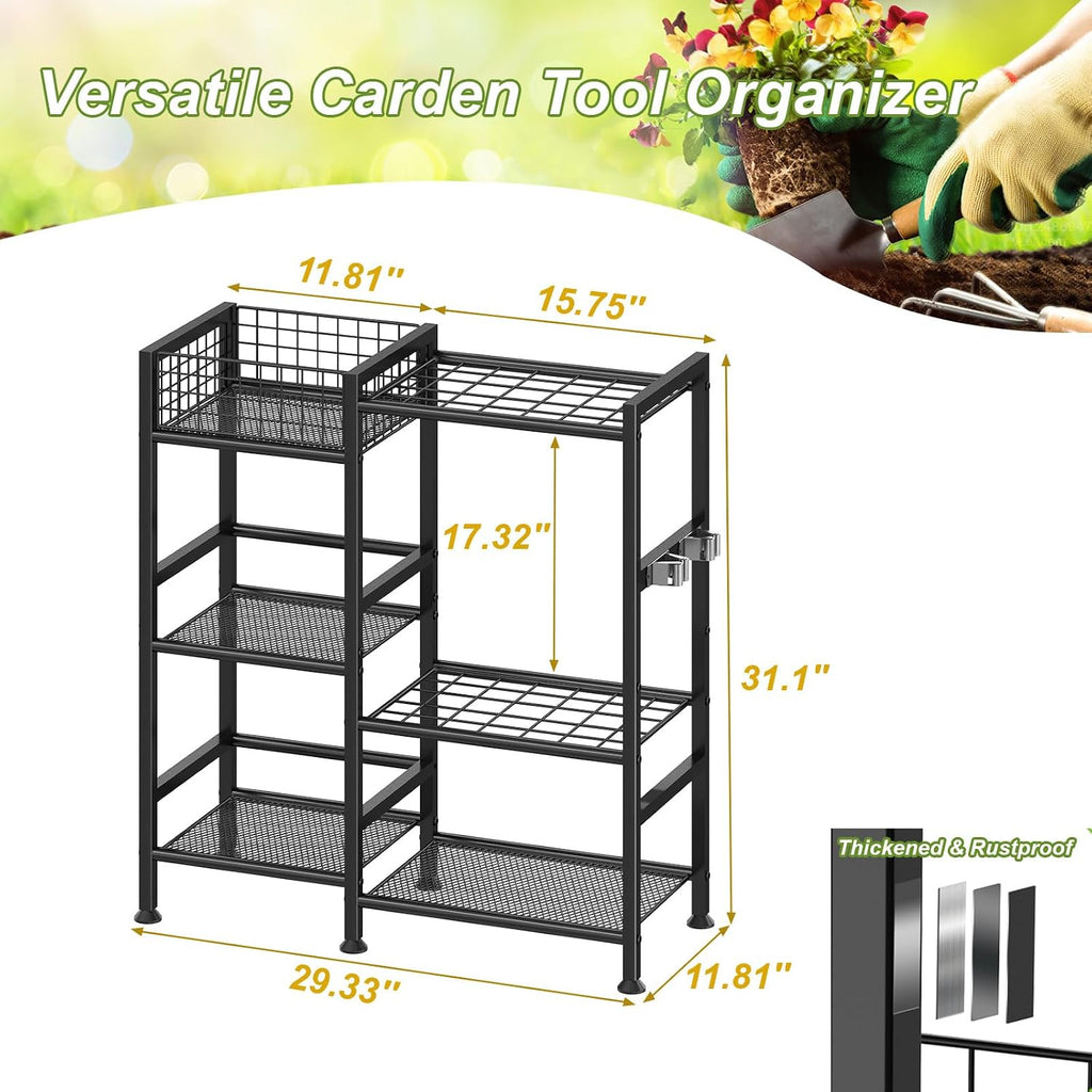 Garden Tool Organizer with Basket, 3-Tier Yard Storage Rack for Garage | 35 Long-Tool Slots: Steel rack adds 11 hooks