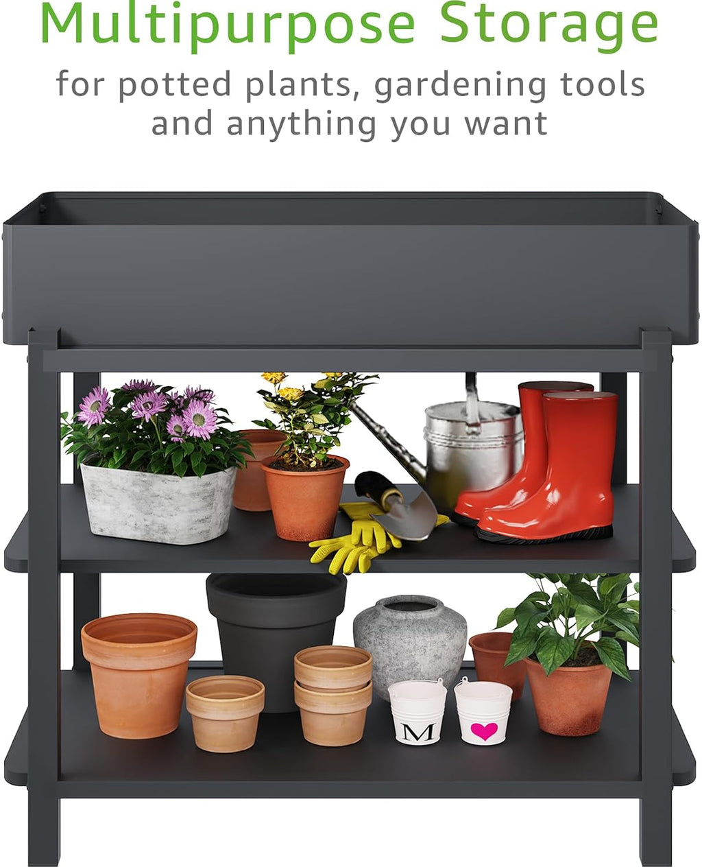 Metal Raised Garden Bed with Trellis & Legs | 2-tier shelf, 3 flower pots, 36" tall no-bend, rust-resistant, ideal for