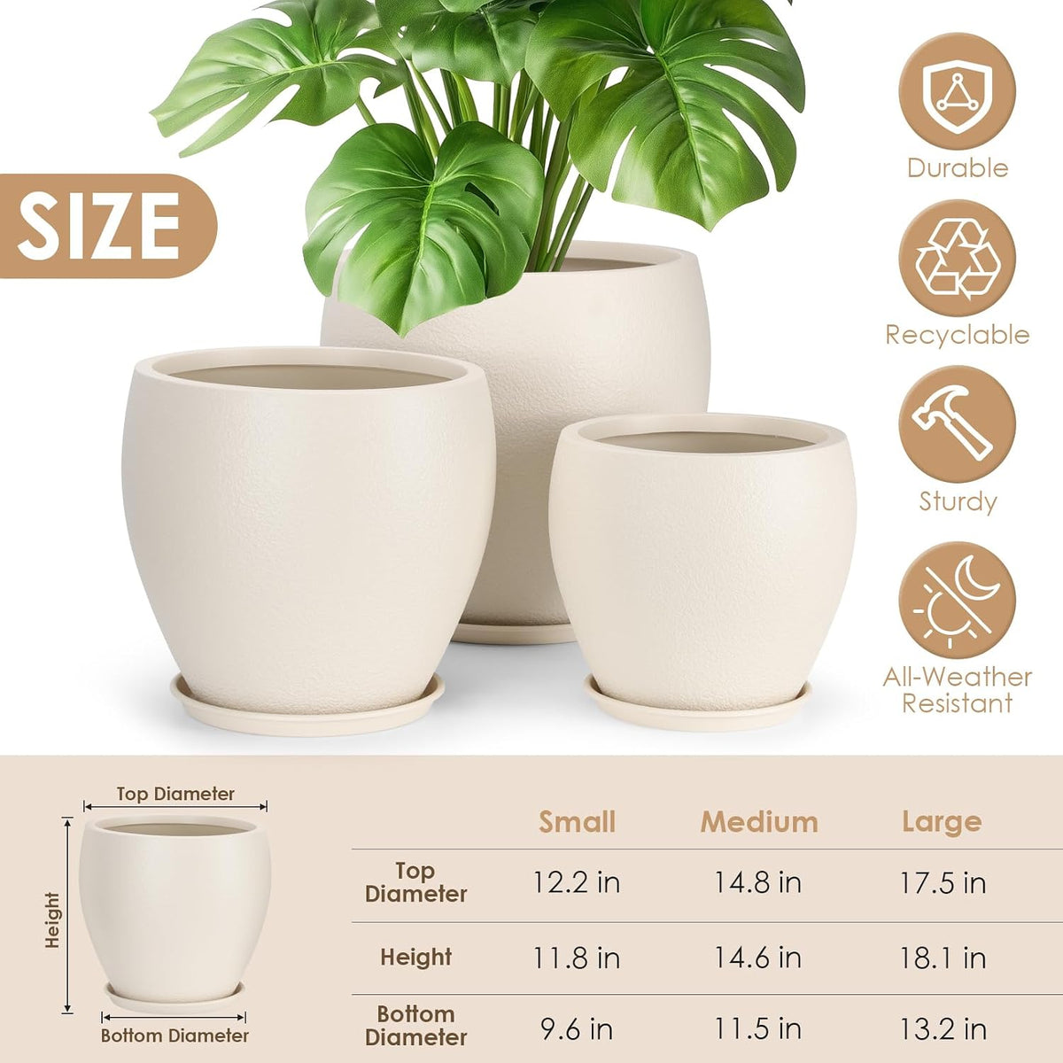 YNNICO Plant Pots 17.5/14.8/12.2 inch Set of 3, Flower Pots with Drainage Holes, Large Planters for Indoor Outdoor