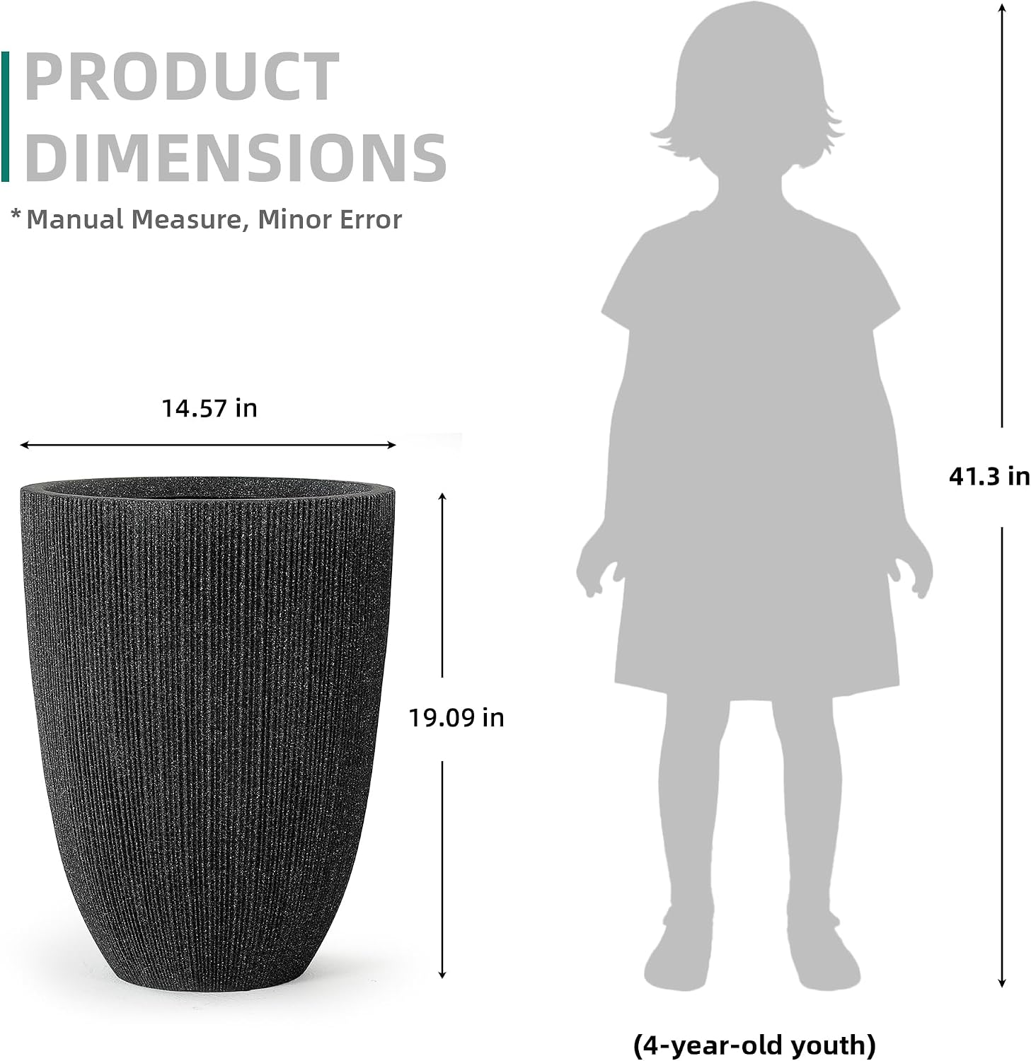 2-Pack 19" Black Resin Tall Round Planters with Fluted Texture | Set of 2 resin tall planters with black fluted
