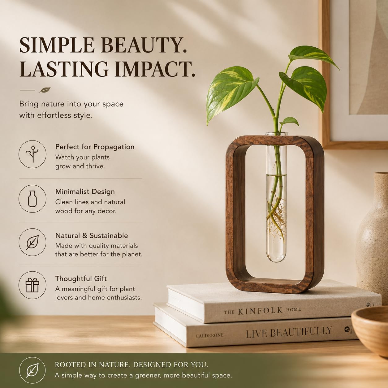 Modern Wooden Frame Glass Vase Hydroponic Planter – Minimalist Square Propagation Station with Test Tube Vase – Indoor