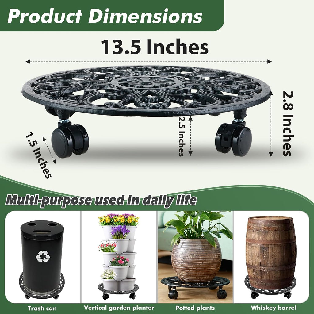 2 Packs 14 Inch Rolling Plant Stand with Wheels Metal Plant Caddy with Wheels Heavy Duty Round Plant Stand Indoor Iron