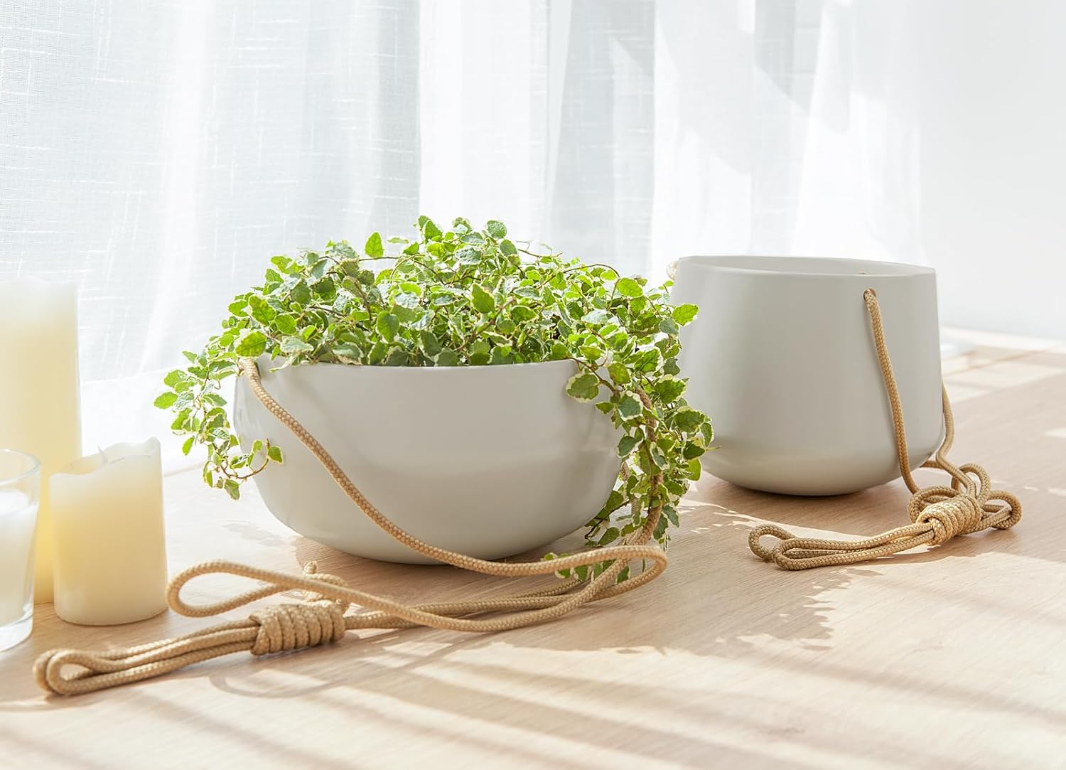 Mkono Ceramic Hanging Planters for Indoor Plants, 8" Shallow & 6" Deep 2Pcs | Modern Minimalist Plant Pots, Geometric