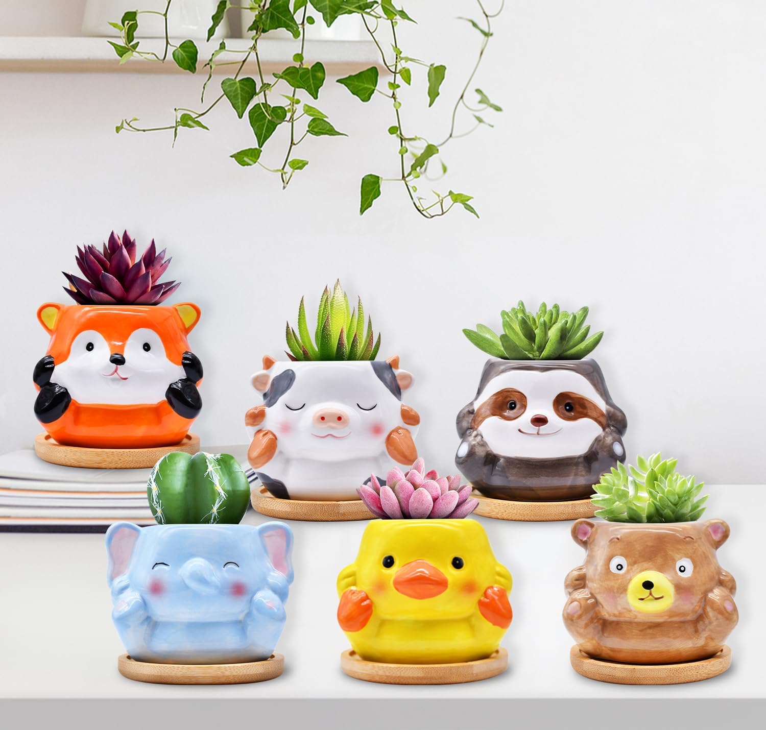 Photken 6 Pack Ceramic Succulent Pots with Drainage – Small Animal Planters with Bamboo Trays for Cactus & Indoor