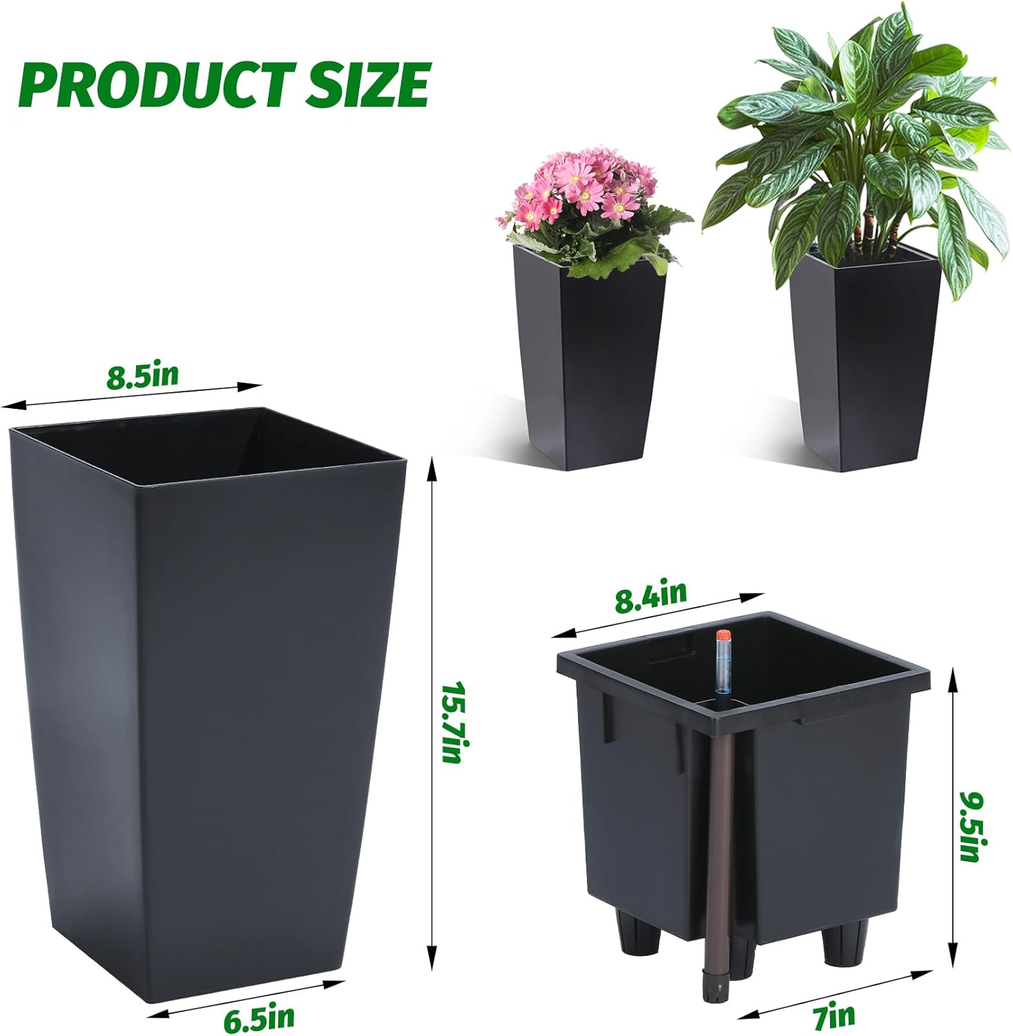 Garvee 16" Tall Planters Set of 2, Outdoor＆Indoor Planter Pots, Black | High Front Porch Planter Pots with Drainage
