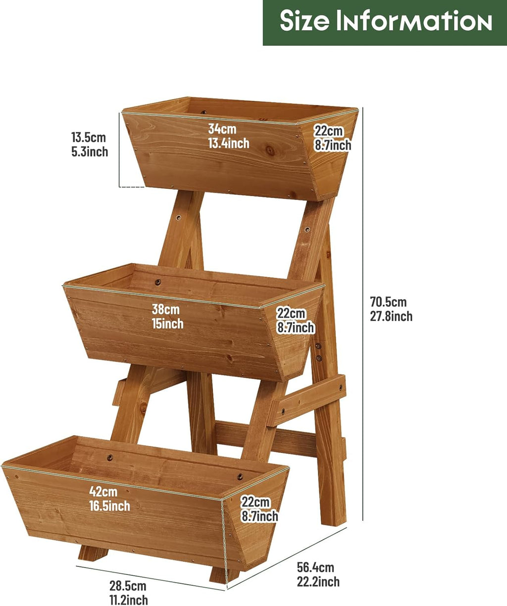 3-Tier Vertical Wooden Raised Garden Bed, Garden Planter Box, Small-Brown | Freestanding Wood Flower Rack, Planter Box