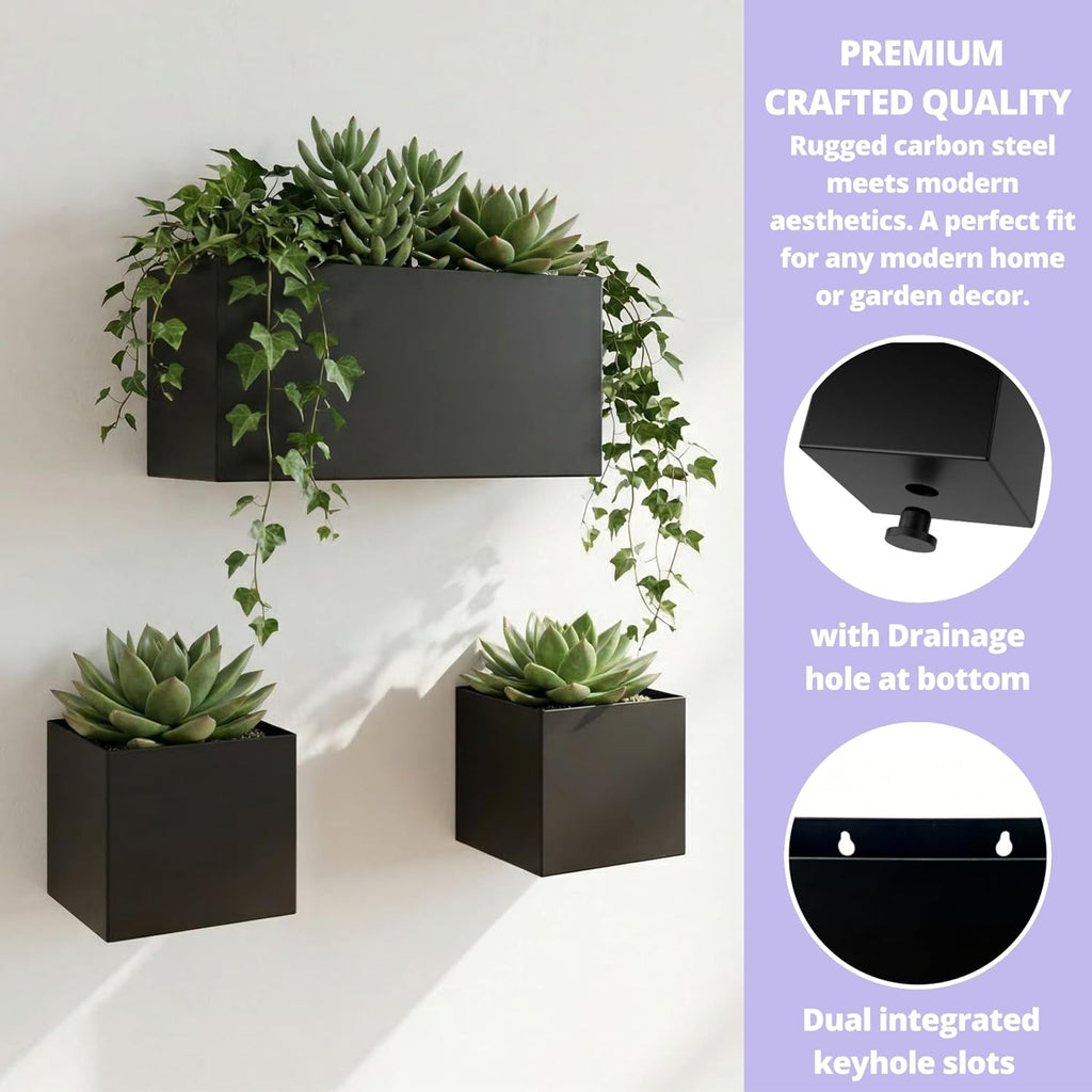 LaLaGreen Wall Planters (3-Pack Set) Rectangular Wall Mounted Hanging Flower Boxes for Indoor Plants, Black Carbon
