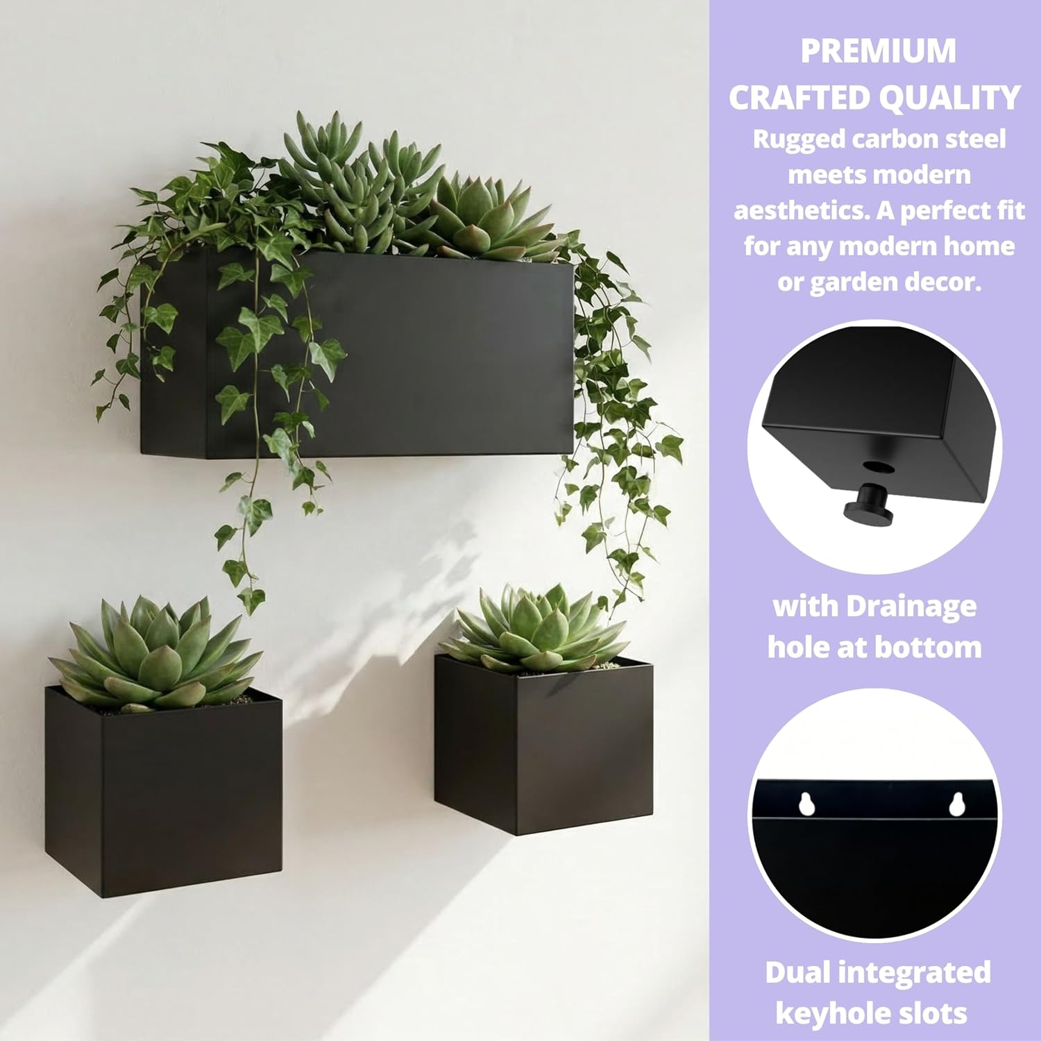 LaLaGreen Wall Planters (3-Pack Set) Rectangular Wall Mounted Hanging Flower Boxes for Indoor Plants, Black Carbon
