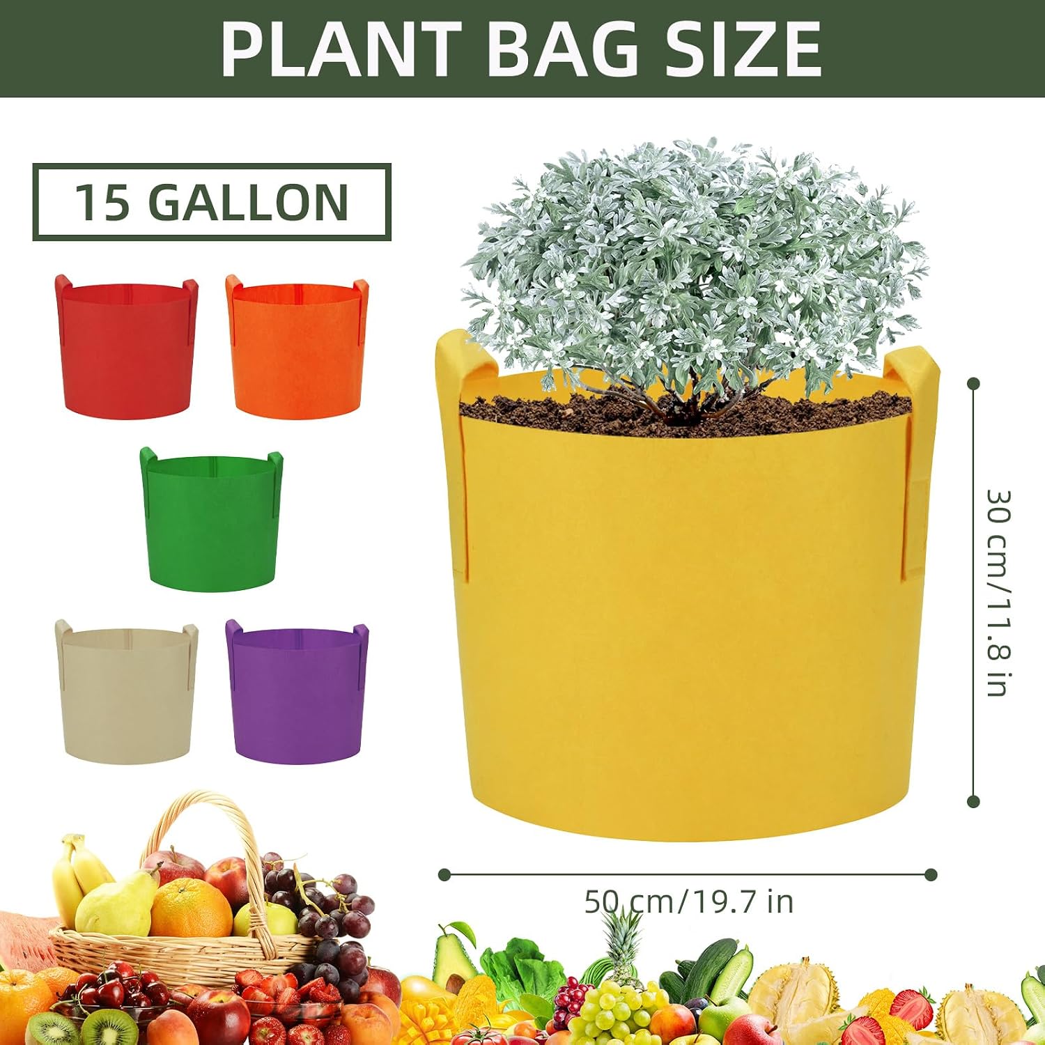 6 Pack 15 Gallon Grow Bags, Colorful Fabric Plant Pots with Handles, Garden 10 Gal Fabric Grow Pots, Vegetable Plant