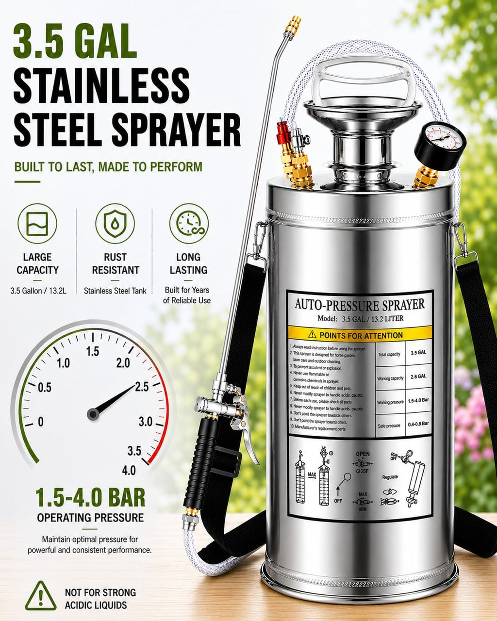 3.5 Gallon Stainless Steel Sprayer, Hand Metal Pump Up Sprayer Reinforced Hose with Pressure Gauge, Safety Valve &