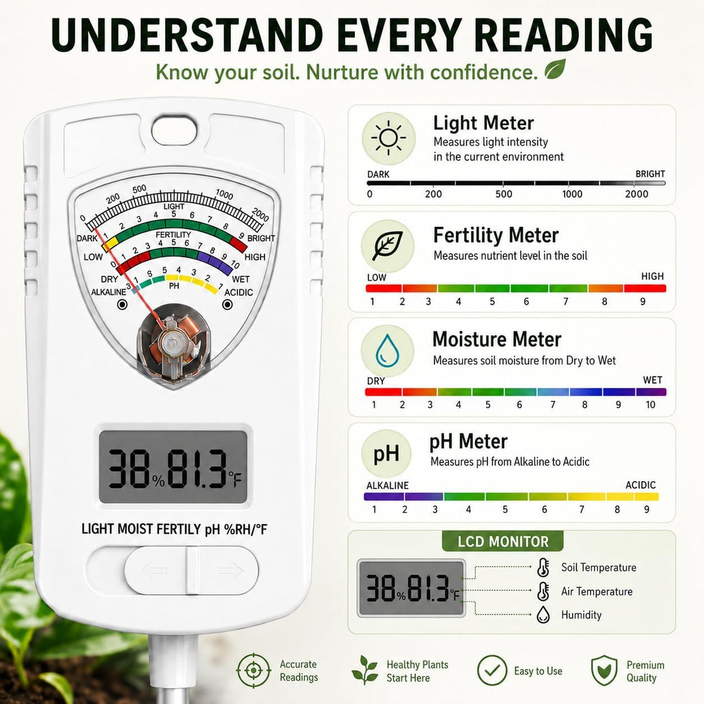 2026 Soil Tester, 7-in-1 Soil Test Kit for Moisture, pH, Fertility, Temperature, Humidity and Light, Digital Soil Meter