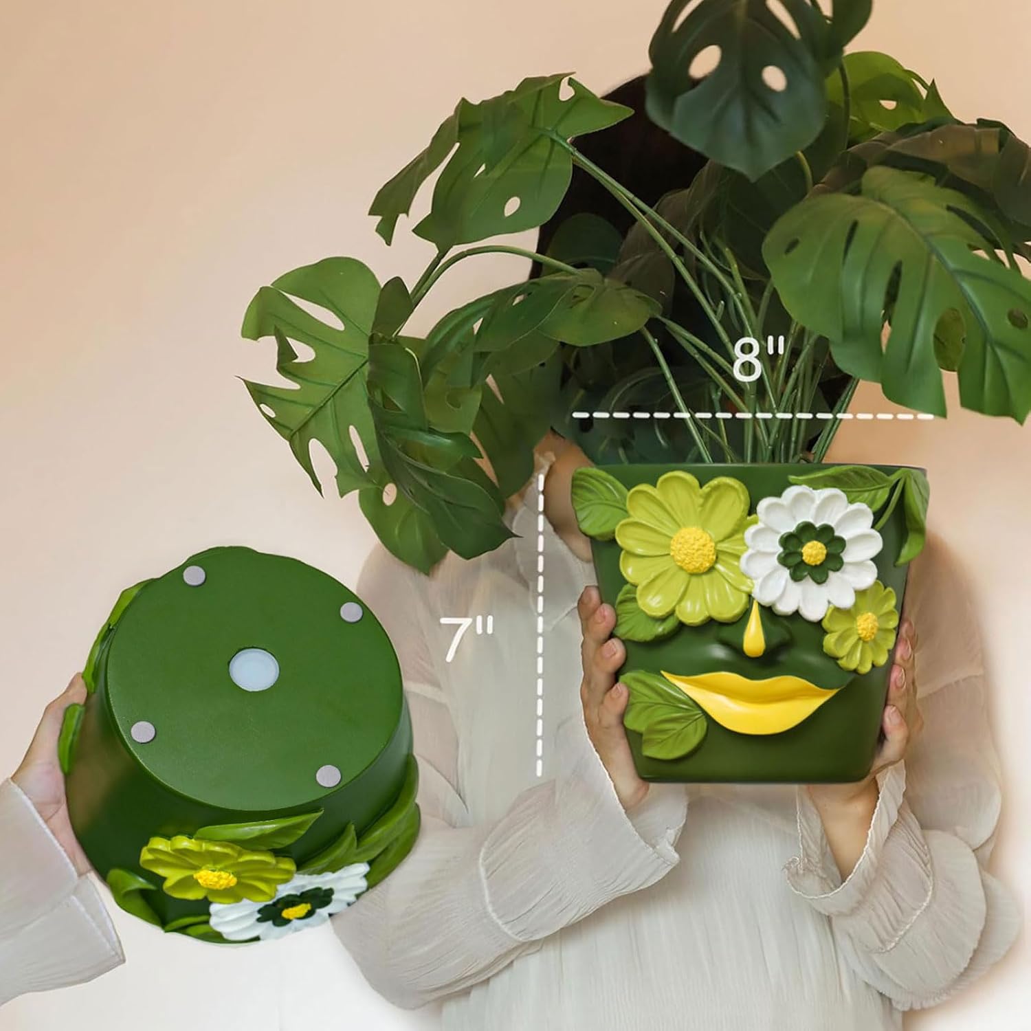 GUGUGO 8 Inch Large Flower Face Planters, Abstract Unique Head Plant Pot with Drainage, Rainbow Colorful Cute Flower