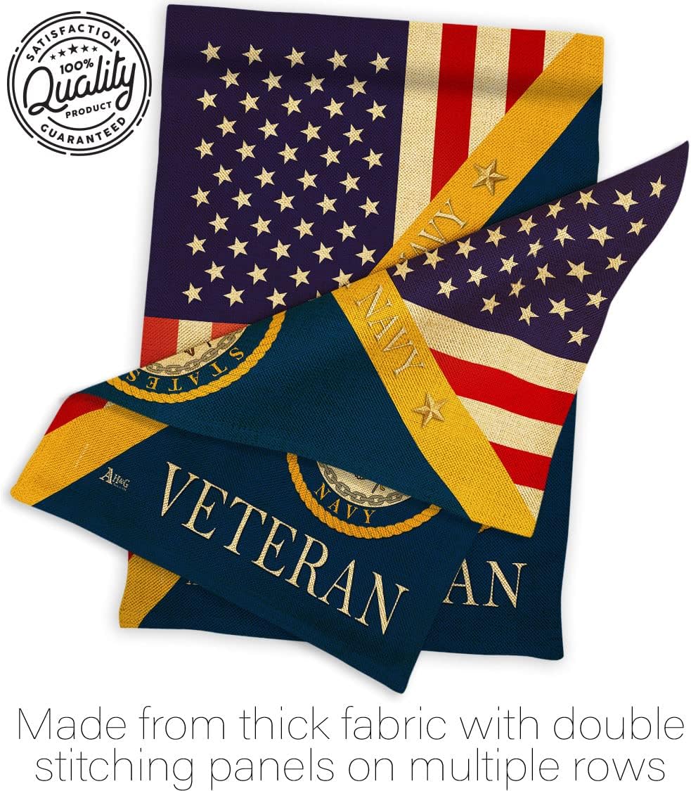 Home of Navy Burlap Garden Flag - Set with Stand Armed Forces USN Seabee United State American Military Veteran Retire