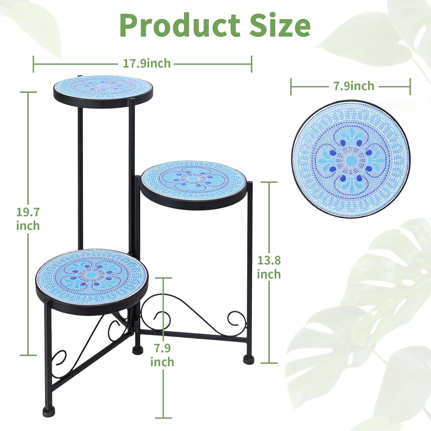 3 Tier Mosaic Ceramic Top Plant Stand, Foldable Flower Pot Holder | Wrought Iron No Assembly Required Space Saving