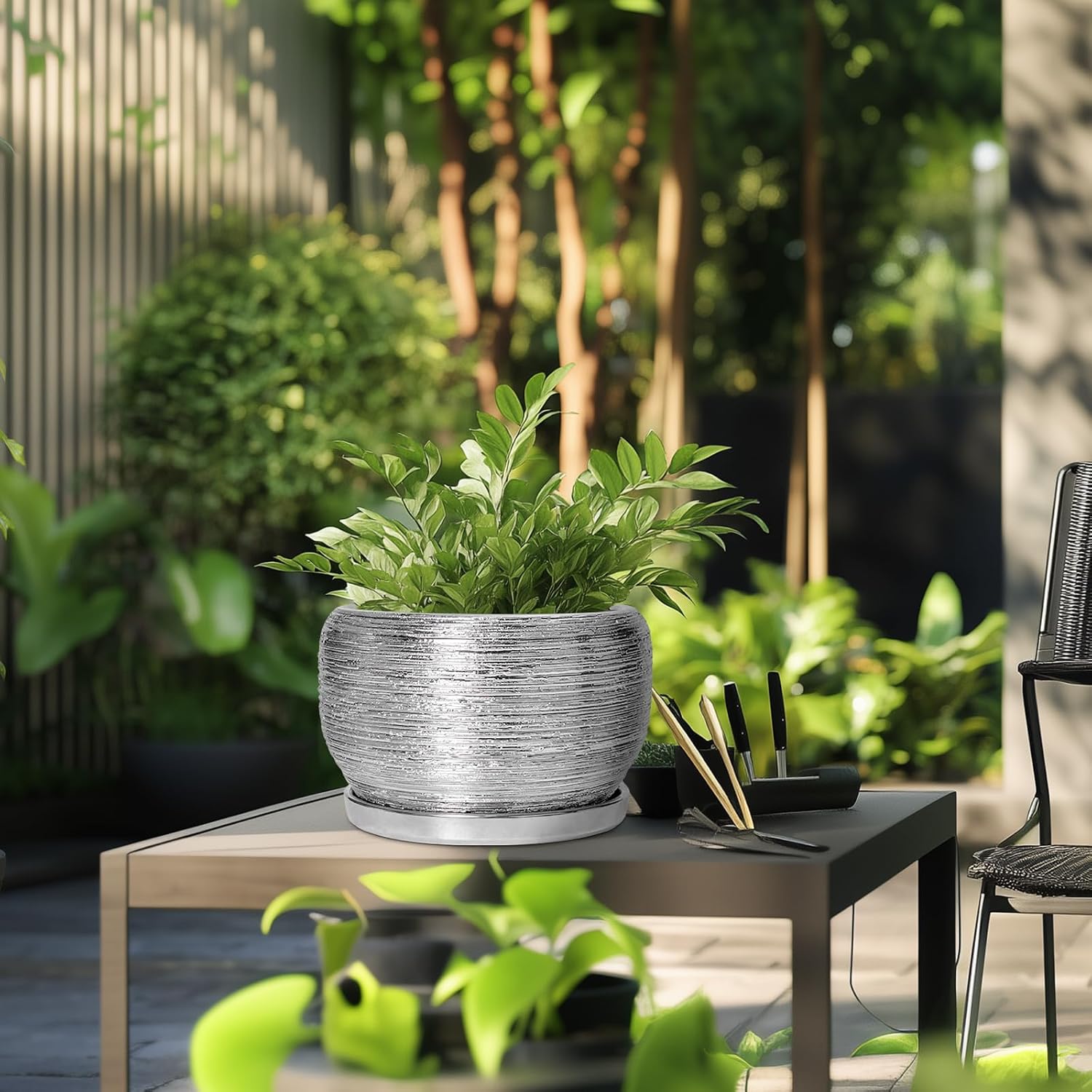 SQOWL Ceramic Pot for Plants - 10 Inch Planter Indoor, Round Large Planter Outdoor with Drainage Hole and Plant Saucer
