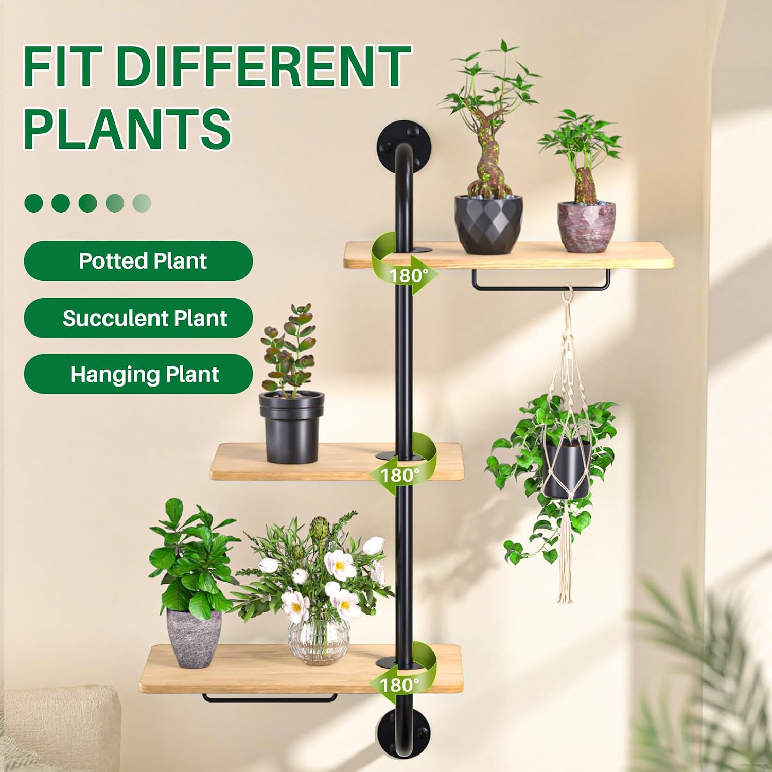 DELLAN 3-Tier Window Plant Shelves, Rotating Wall Mounted Shelf | Space saving rotating plant shelf for window & wall
