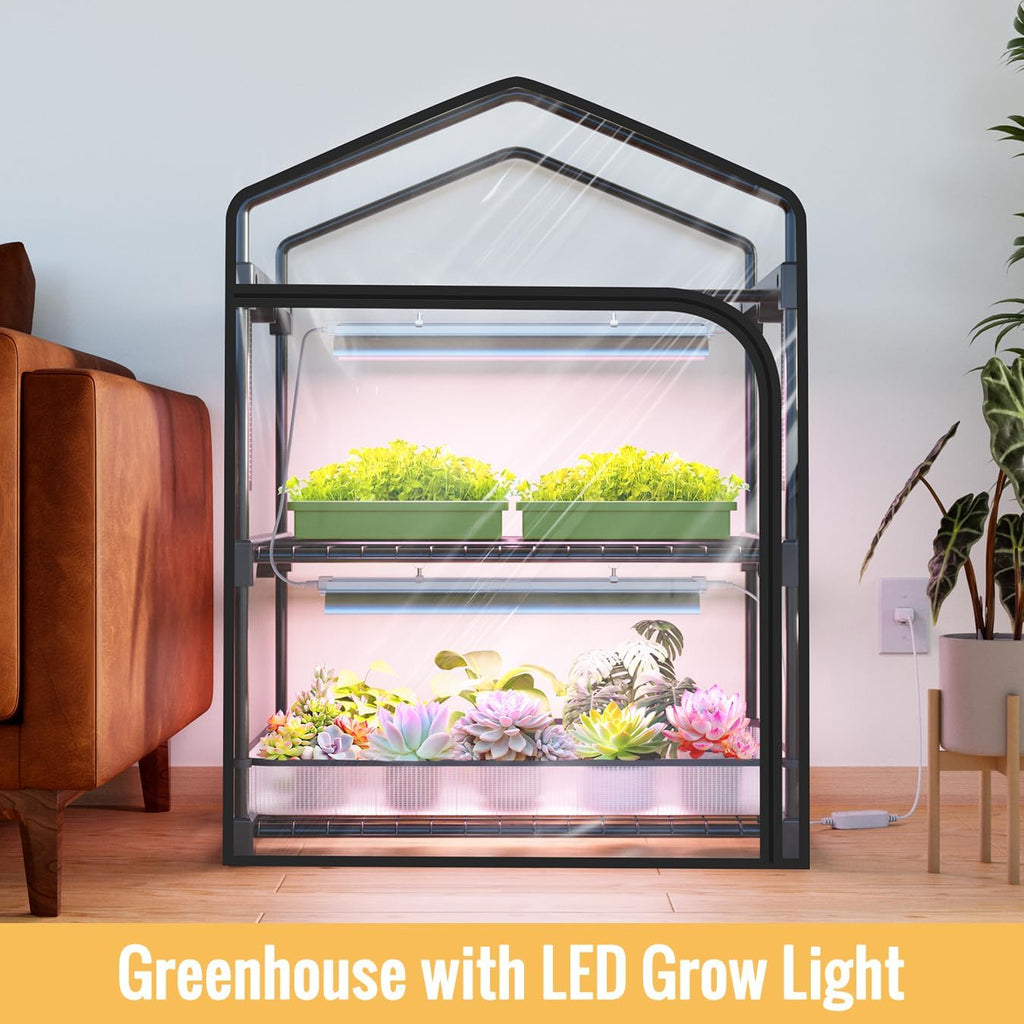 Indoor Greenhouse with Grow Light, 2-Tier Plant Stand, 27x19x35in | 1.64FT T5 Grow Light for Seedlings, PVC Tent with