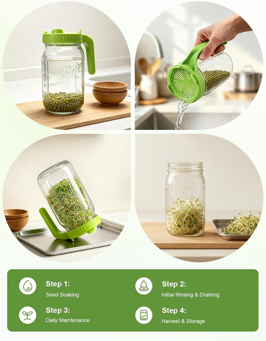Sprouting Jar Kit,Broccoli Sprouts Growing Kit 2 Pack, 32oz | 304 Steel Sprouting Tray,Silicone Tongs,Blackout