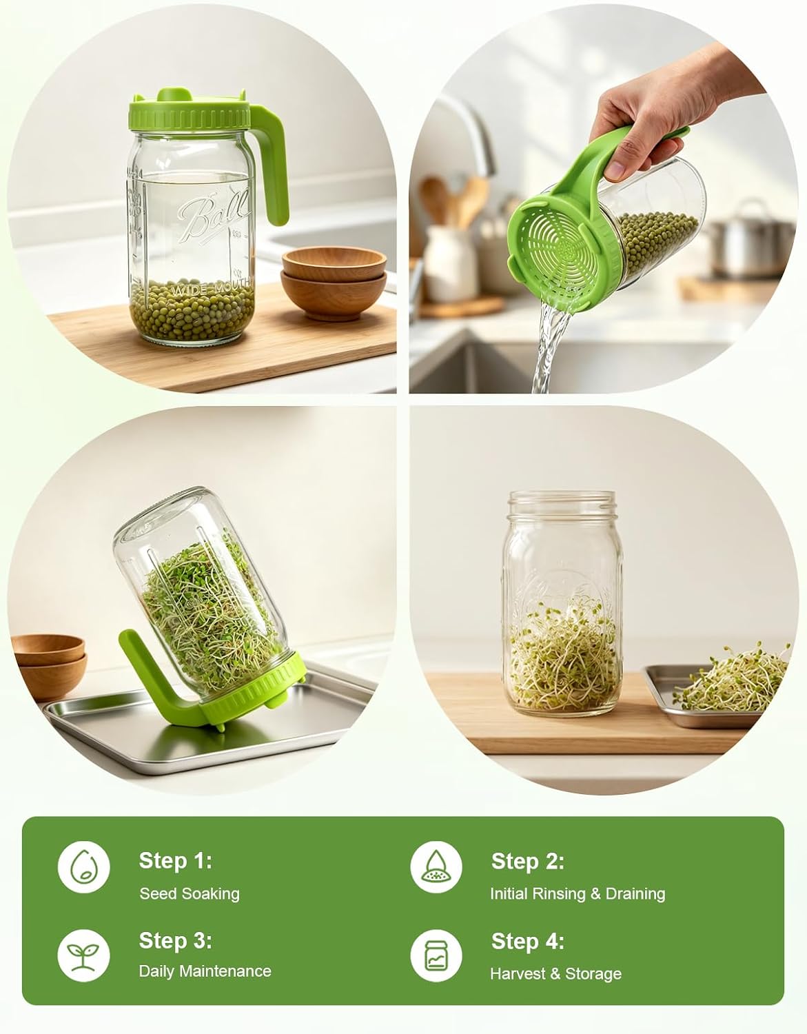 Sprouting Jar Kit,Broccoli Sprouts Growing Kit 2 Pack, 32oz | 304 Steel Sprouting Tray,Silicone Tongs,Blackout