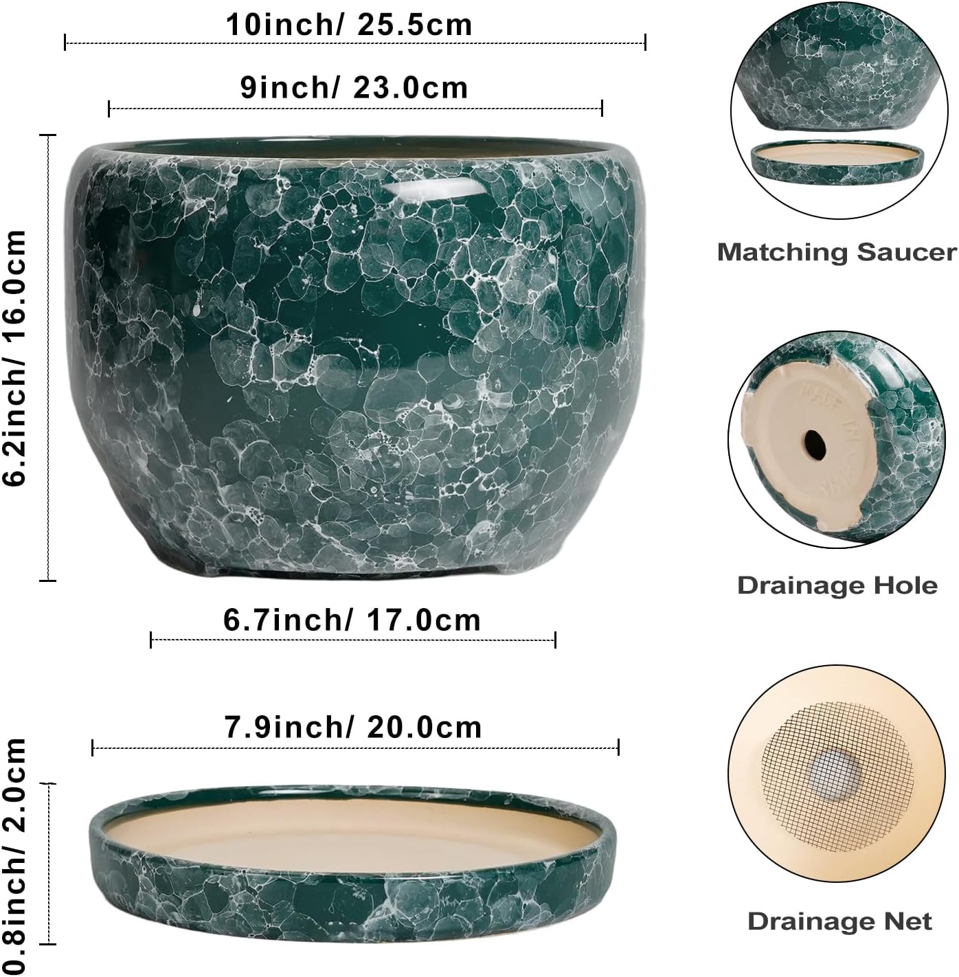 SQOWL 10 Inch Plant Pot - Ceramic Planter for Indoor Plants Outdoor, Large Ceramic Flower Pot with Drainage Hole and