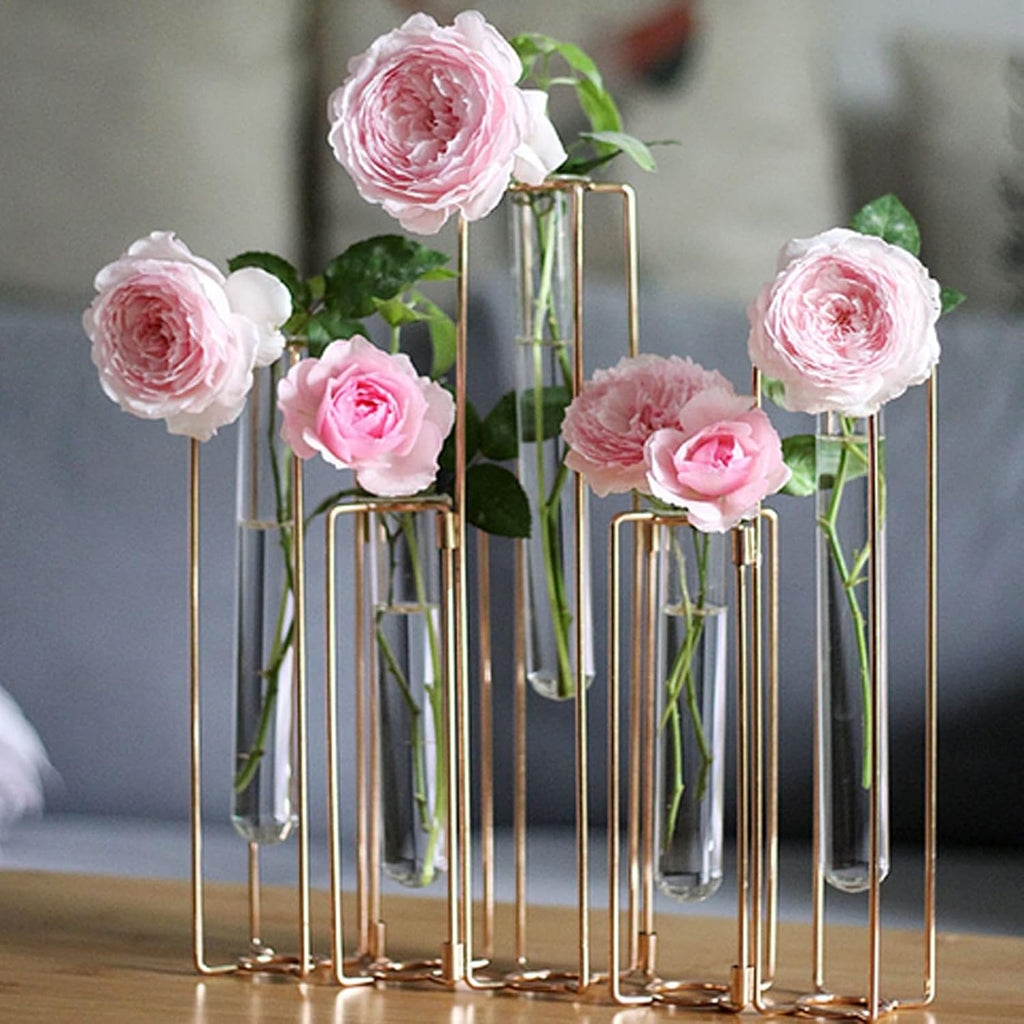 Hinged Flower Vases Test Tube Flower Vase with 5 Test Tubes Gold Metal Frame can be Bent and Contorted, Propagation