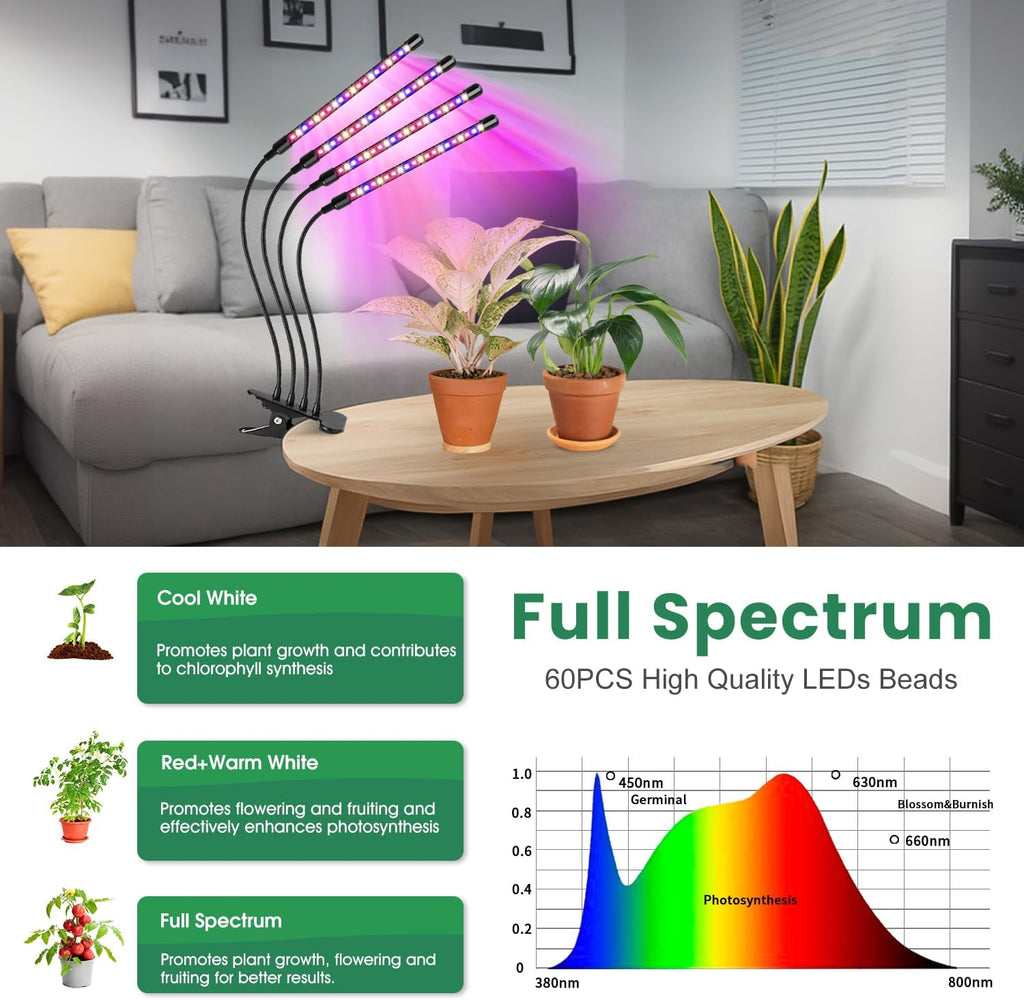Grow Lights for Indoor Plants, Full Spectrum with Clip, 4 Head | 6000K Plant Light, Timer 6/12/16Hrs, 3 Spectrums, 5
