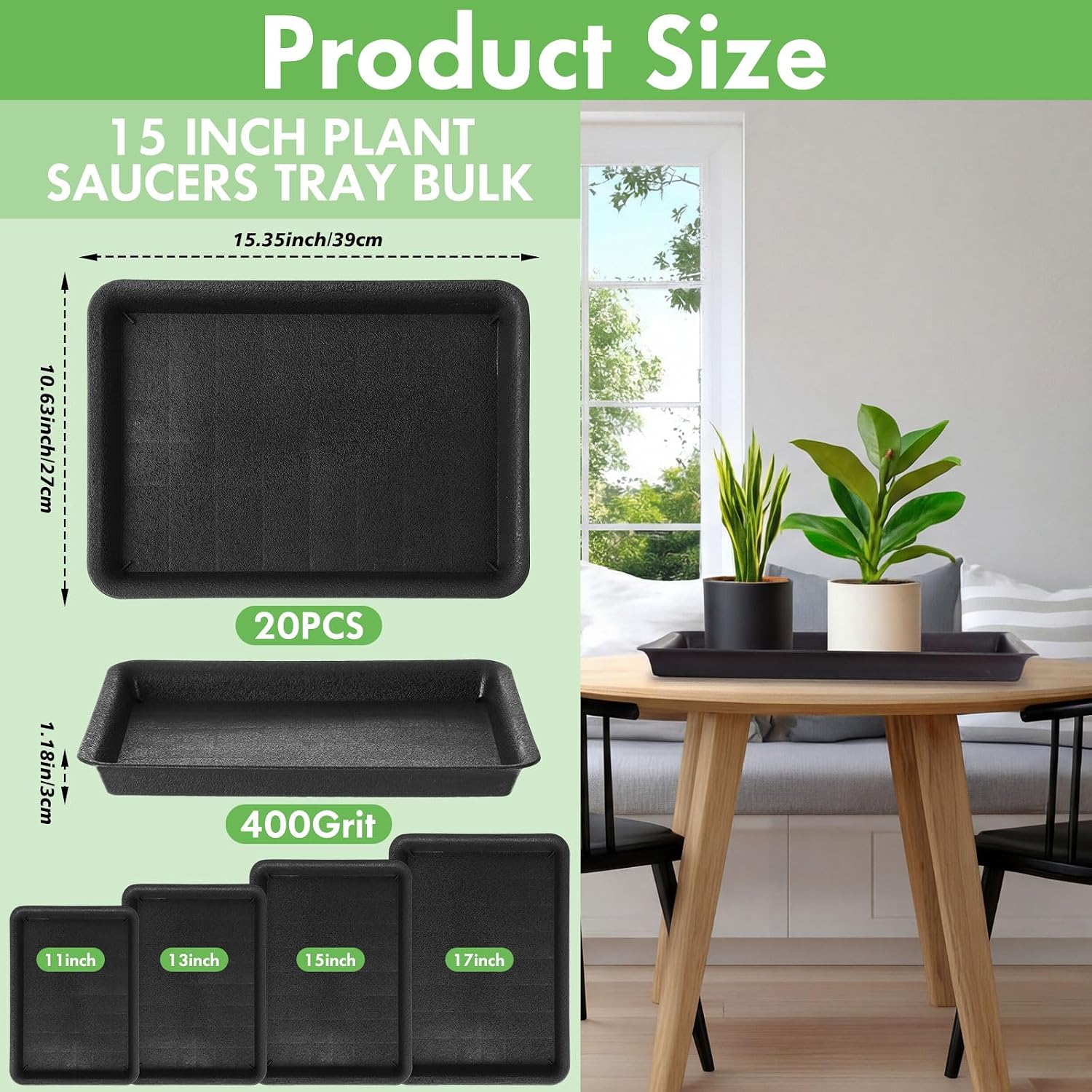 Gejoy 20 Pack 15 Inch Rectangular Plastic Plant Saucers Tray Bulk Heavy Plastic Plant Drip Tray Flower Pot Trays for