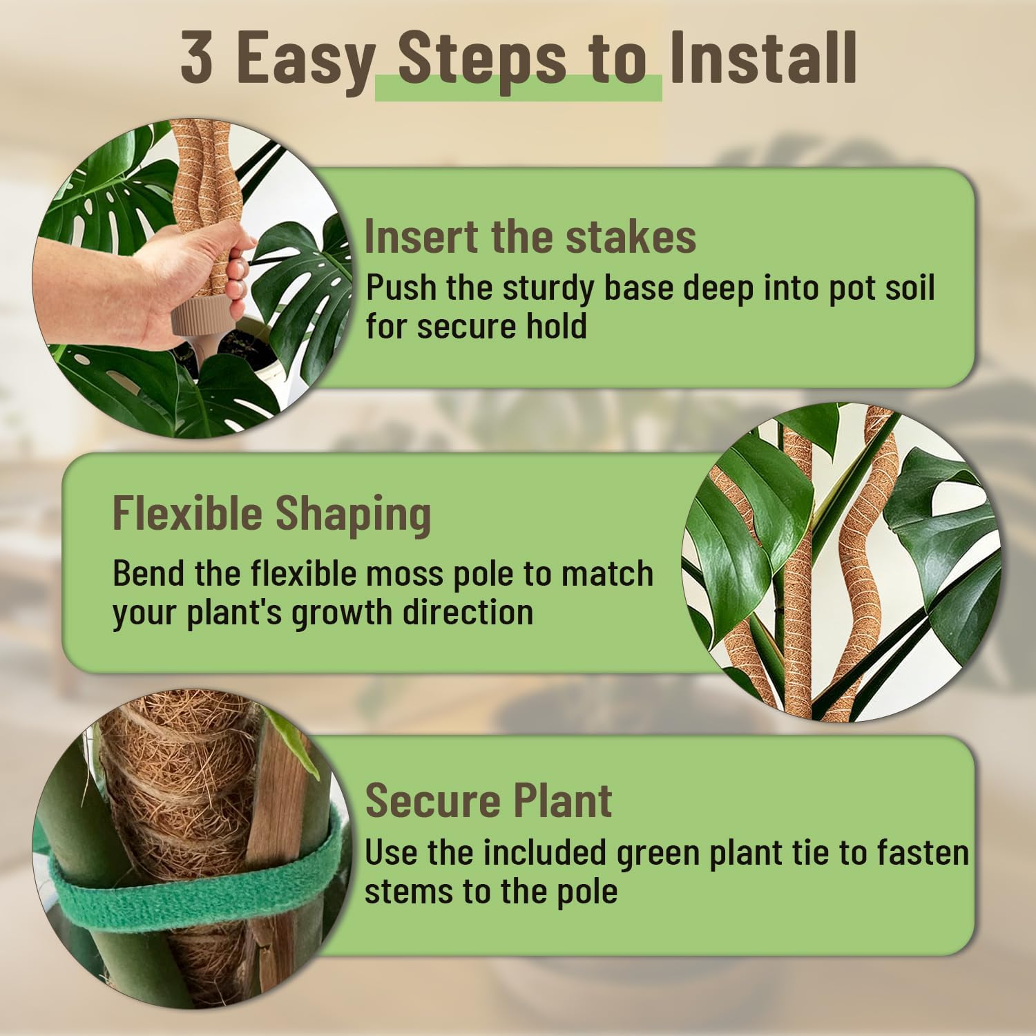 3-in-1 Moss Pole, Bendable 30IN Monstera Plant Support for Indoor-2 Pack | 3 Integrated Moss Poles for Climbing Plants