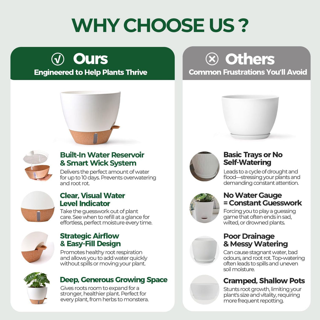 T4U Self Watering Pots for Indoor Plants, 8-12 Inch, 3 Pack, White | Visible water level window, Pothos and monstera