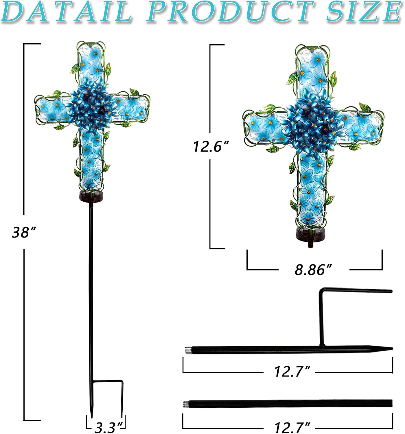 COOZZYHOUR Solar Cross Garden Lights Outdoor Decorative - Solar Metal&Glass Cross Blue Hydrangea Flower Stake Lights