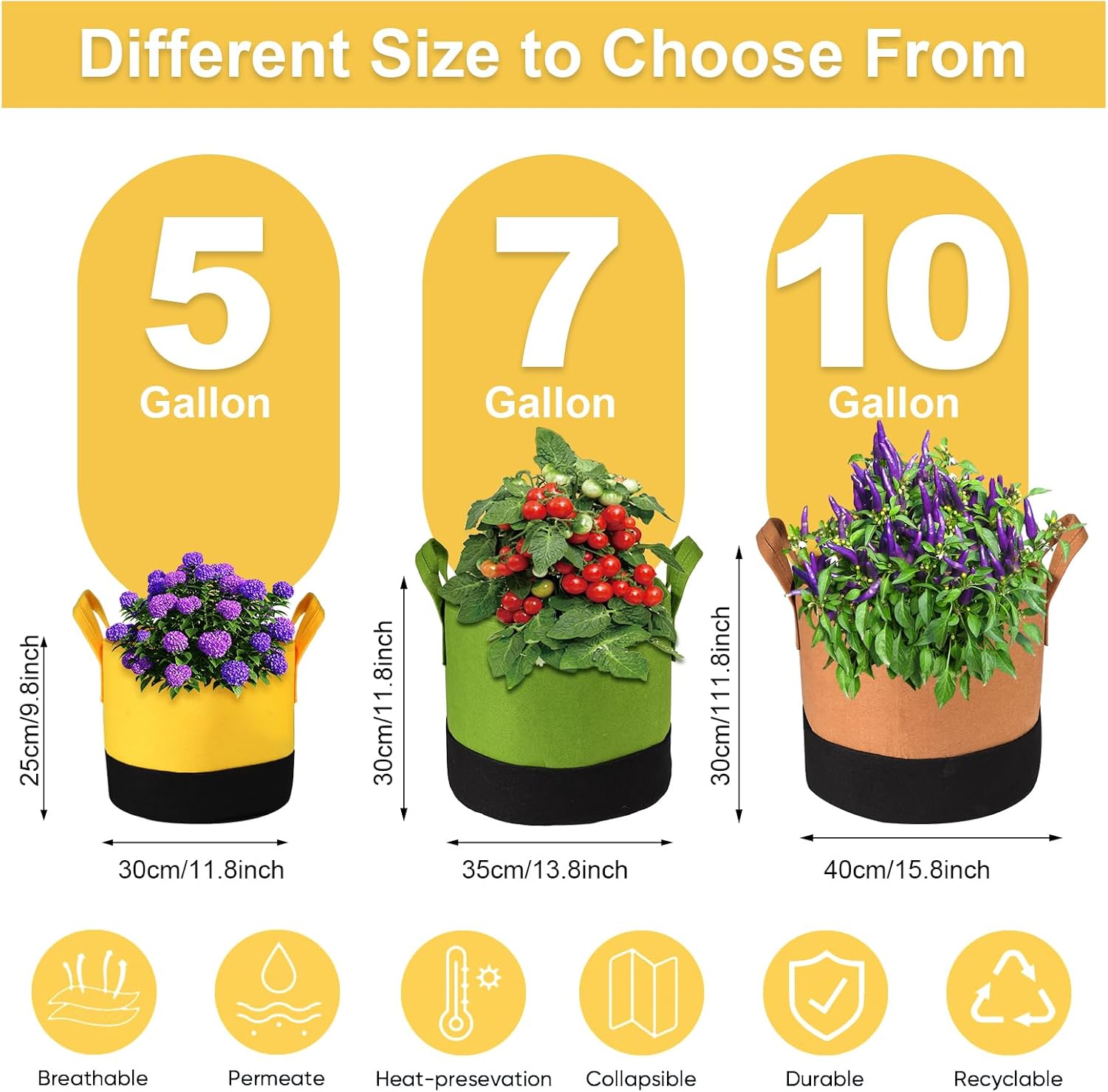Grow Bags 10 Gallon,6 Pack Fabric Plant Pots with Handles Planter Bag for Outdoor Garden Planting Vegetables Flowers