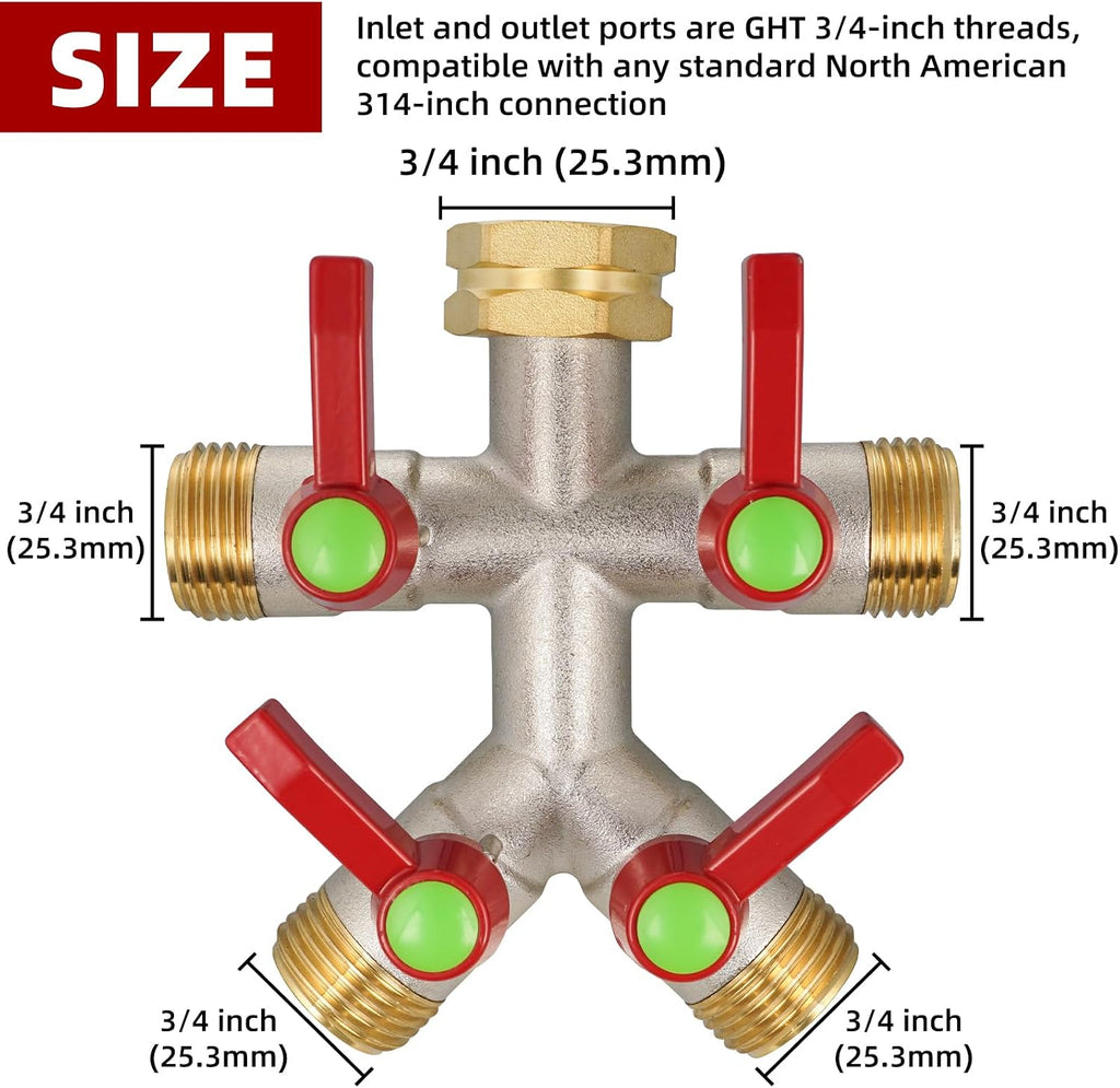 Hose Splitter 4 Way, High Flow Garden Hose Splitter, 3/4” Ght Inlet Brass Heavy Duty Hose Converter, Full Flow water 4