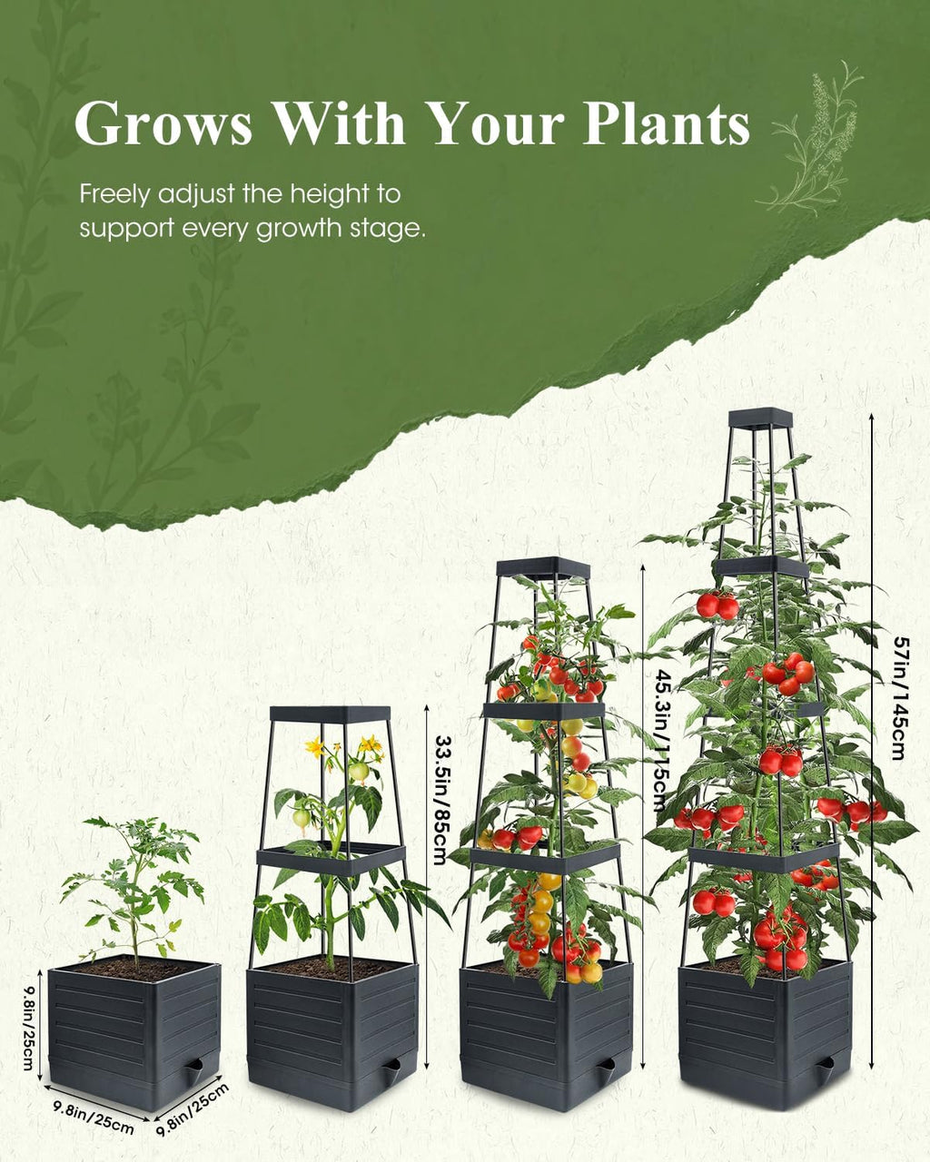 2-Pack Tomato Planter with Trellis, 57" Self-Watering Raised Garden Bed Planter Box, Tomato Cages for Indoor & Outdoor