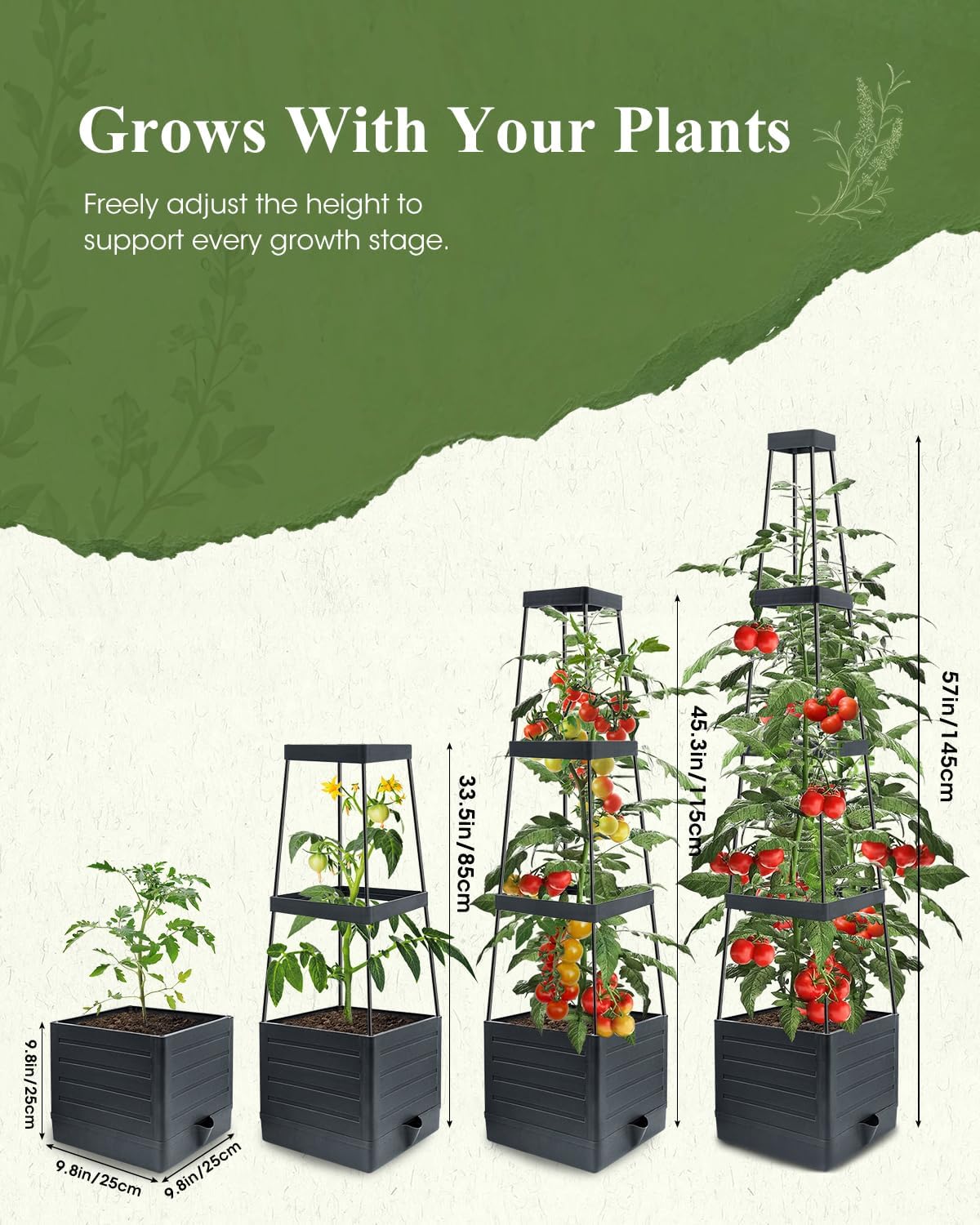2-Pack Tomato Planter with Trellis, 57" Self-Watering Raised Garden Bed Planter Box, Tomato Cages for Indoor & Outdoor