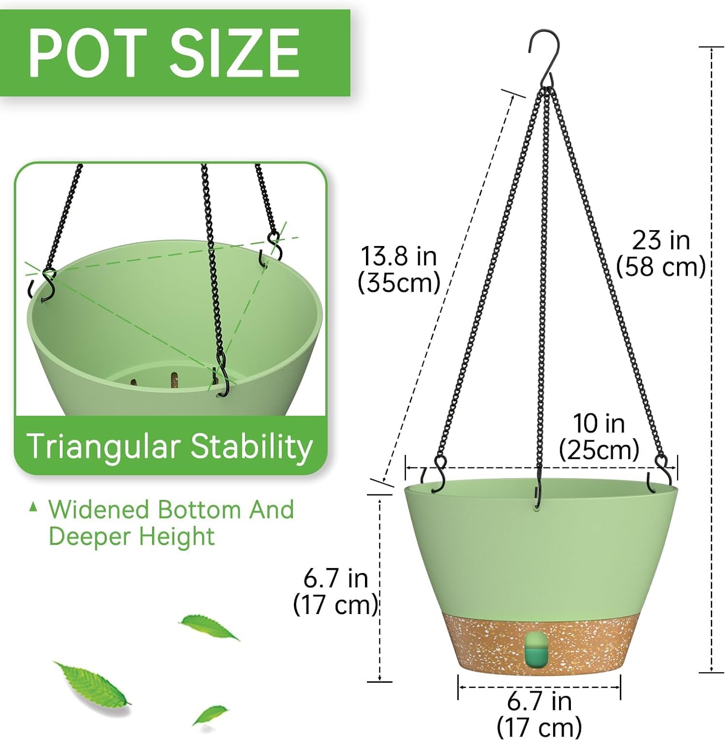 ZMTECH 2 Pack 10 Inch Hanging Baskets for Plants Outdoor Indoor, Modern Green Planters with Water Level Window & Metal