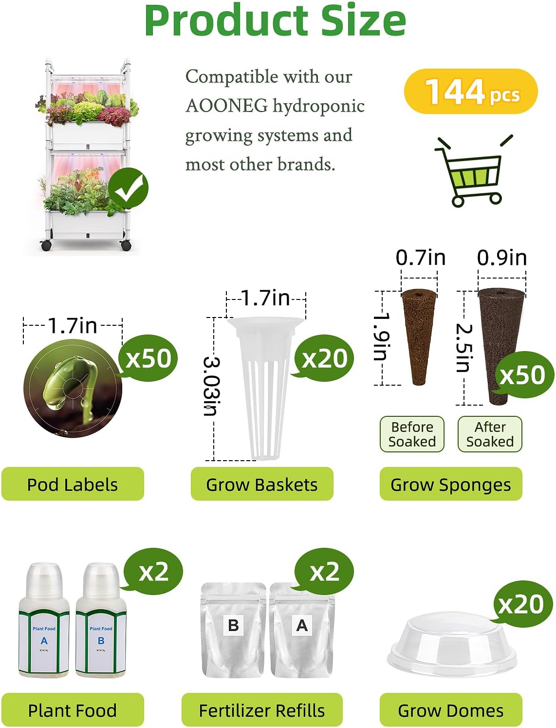 144pcs Seed Pod Kit: 50 Grow Sponges, 50 Pod Labels, 20 Grow Baskets, 20 Grow Domes, 4 A&B Plant Food，Grow Anything