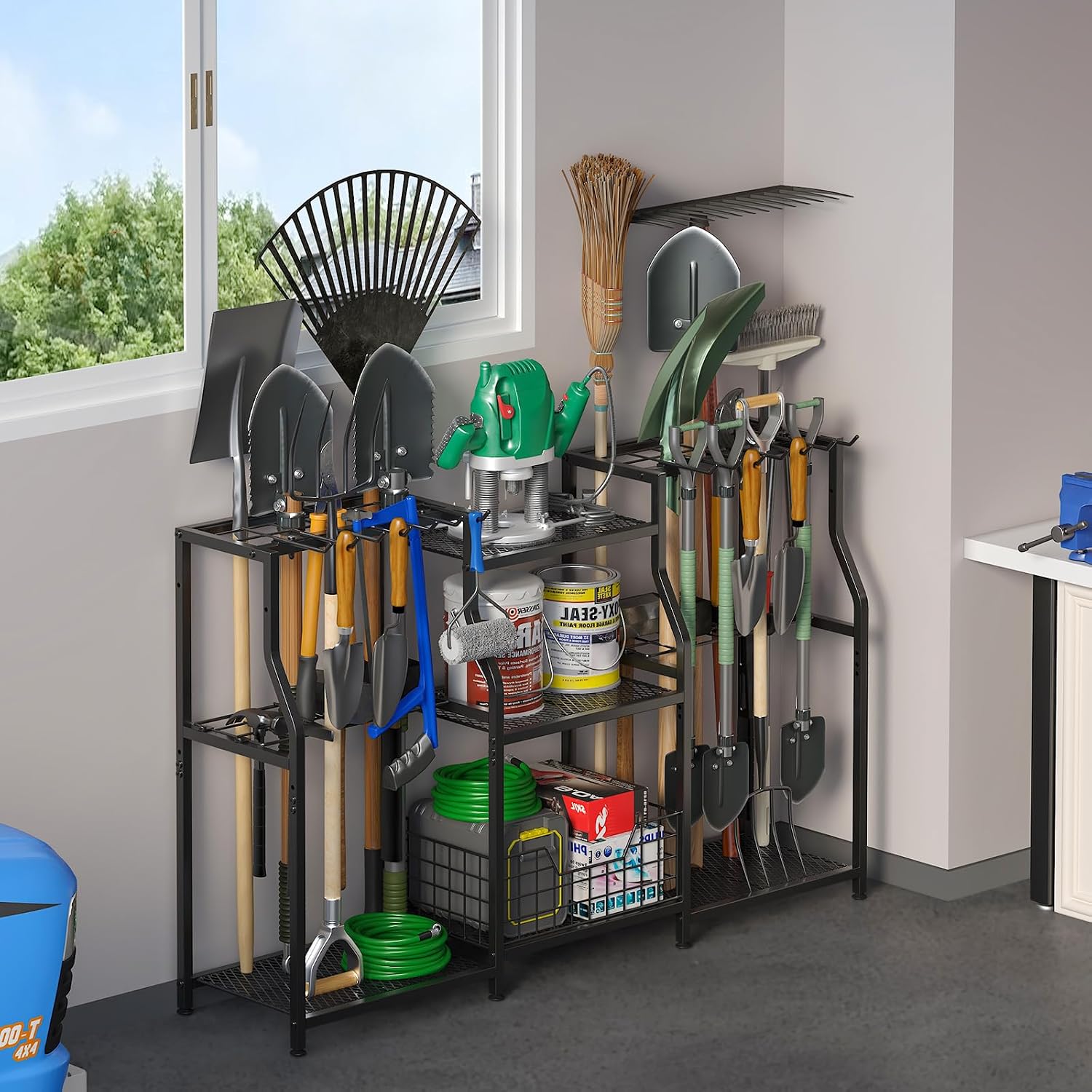 keomaisyto Garden Tool Organizer, Heavy Duty Yard Tool Tower Rack for Garage Organization and Storage, 3 Tier Utility