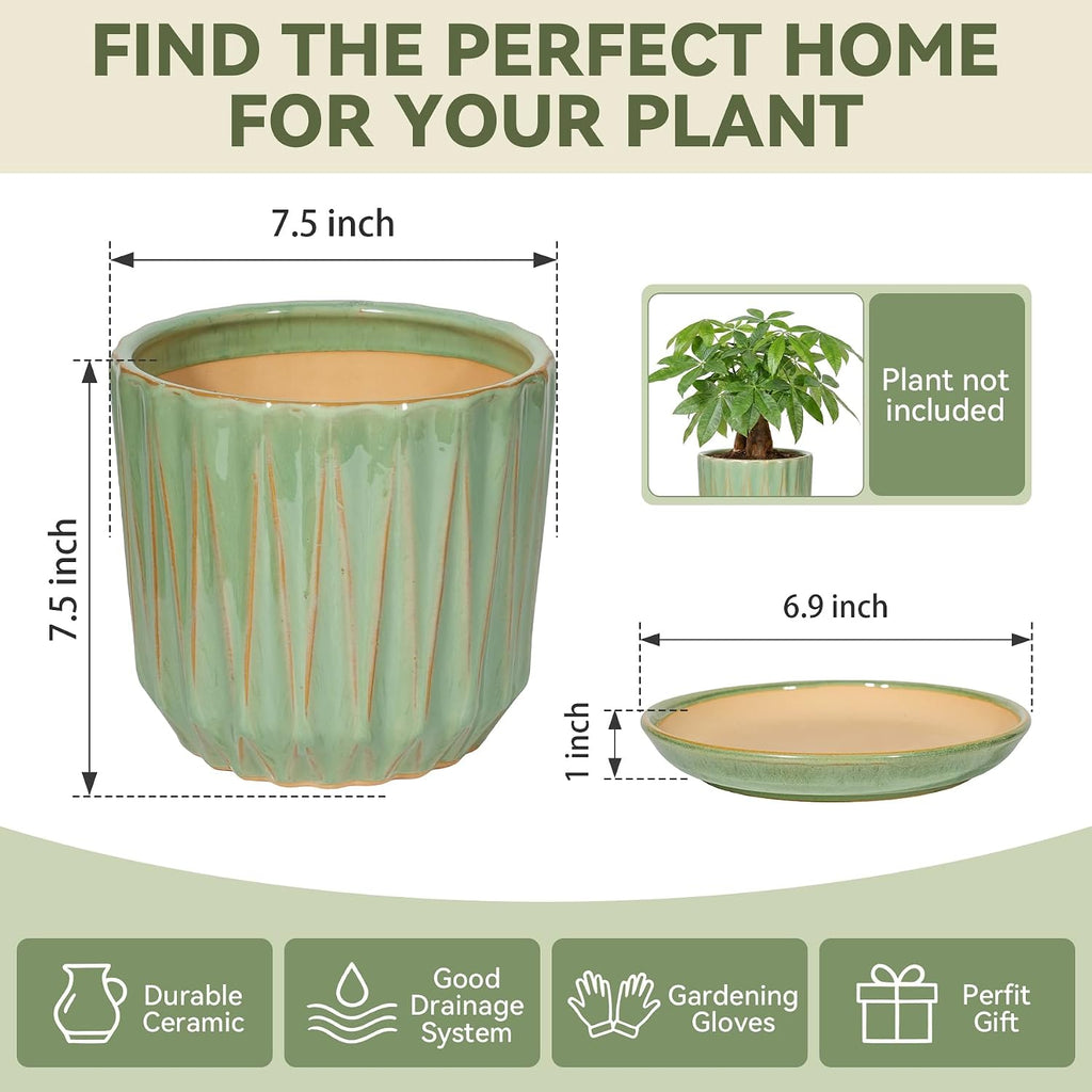7.5 Inch Ceramic Planter Pot with Saucer Drainage Leak-Proof Mesh,Flower Pots for Indoor Plants with Gardening