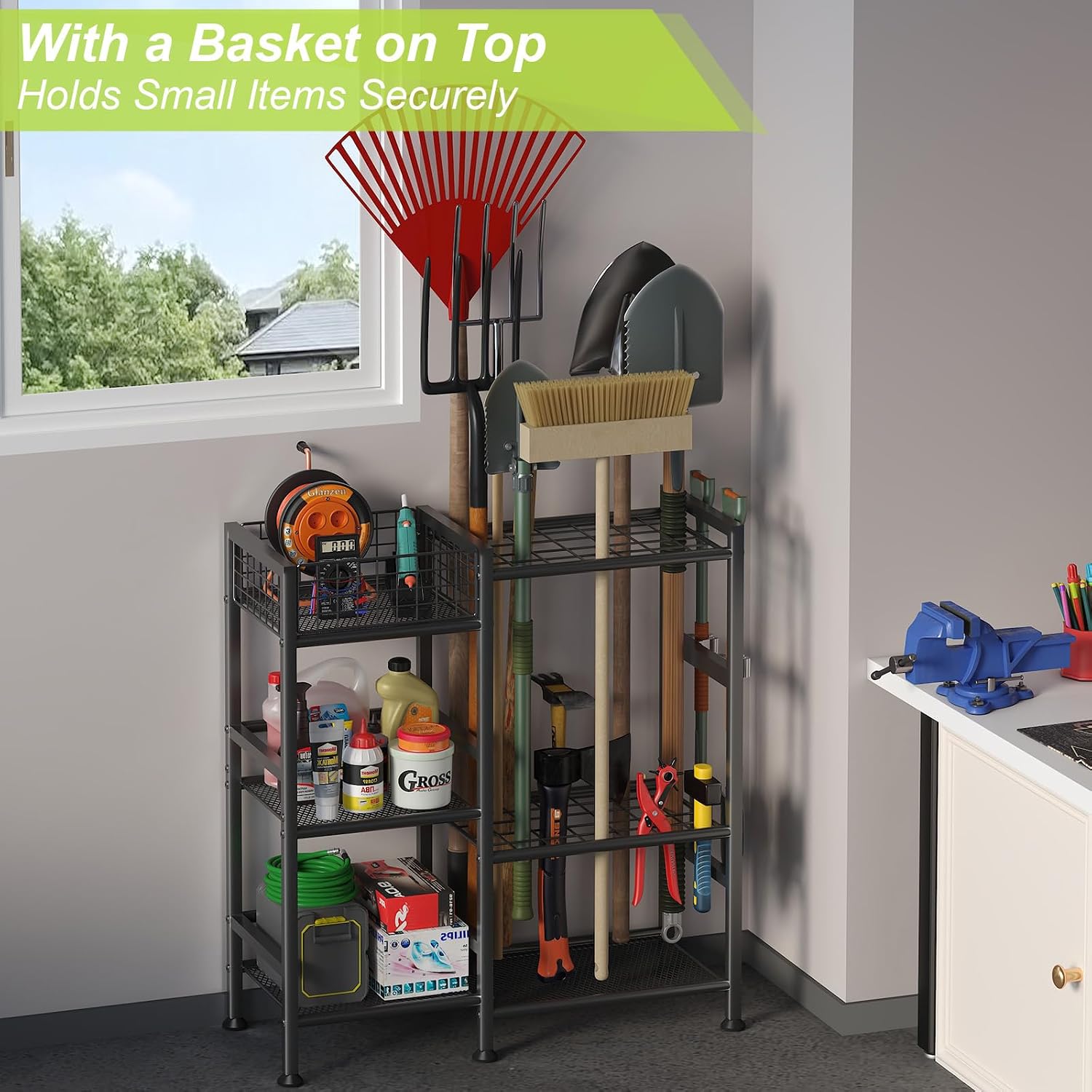 Garden Tool Organizer with Basket, 3-Tier Yard Storage Rack for Garage | 35 Long-Tool Slots: Steel rack adds 11 hooks