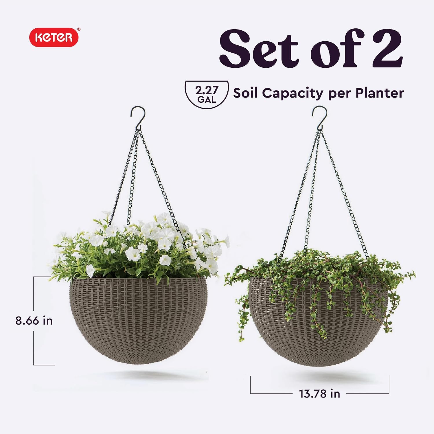 Keter Resin Rattan Set of 2 Round Hanging Planter Baskets for Indoor and Outdoor Plants-Perfect for Porches and Patio