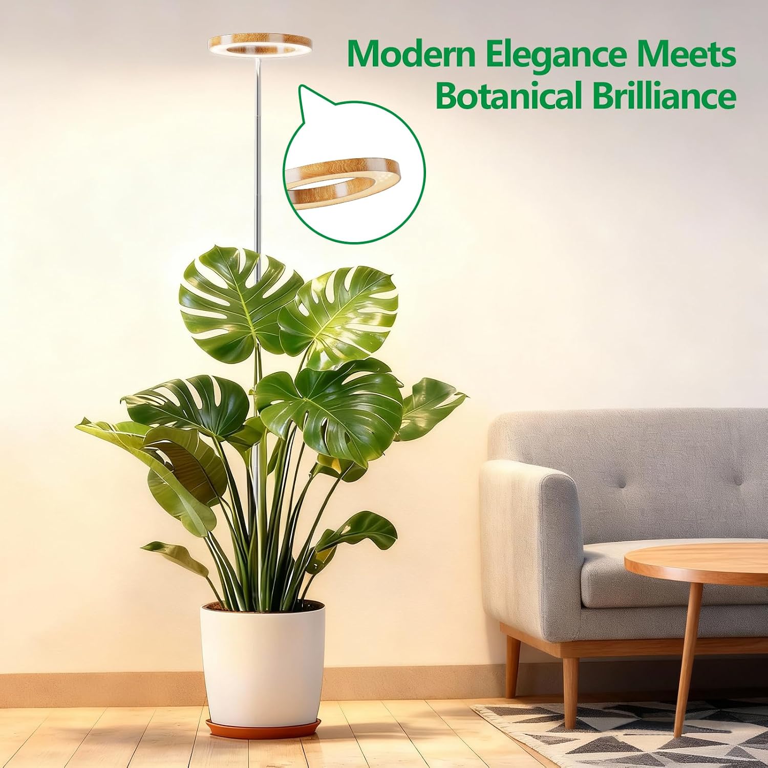 SDOVUERC Full Spectrum Grow Lights for Indoor Plants – Adjustable Height Plant Lamp with Wood‑Grain Finish, 6/12/18H