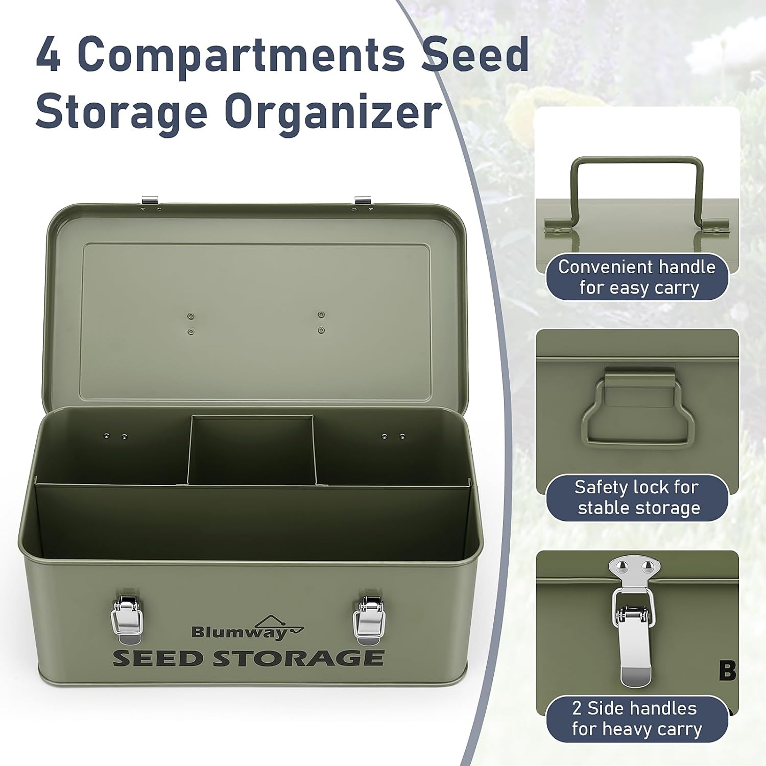 Seed Storage Organizer, Metal Seed Saving Box with Lid, Seed Storage Container with Safety Locks, 4 Compartments Seed