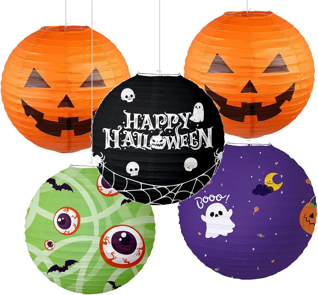 Halloween Hanging Paper Lanterns Party Decorations Indoor/Outdoor,Hocus Pocus Decorations/Baby Shower, Birthday,Halloween Pumpkin Paper Lanterns, 12 Inch, 5 Pack, Black Orange Purple Green