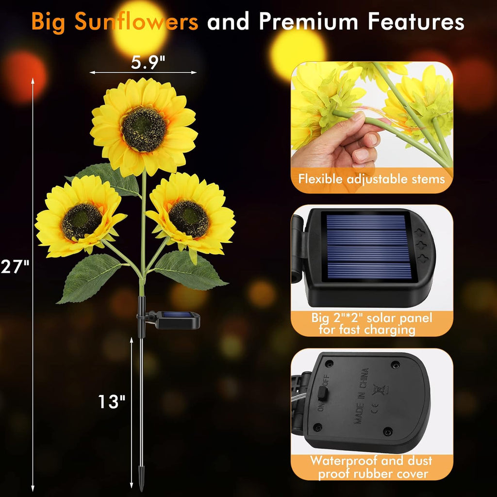 Solar Sunflower Lights Flowers Outdoor Waterproof for Yard Garden Cemetery | 800mA Real Looking Stake Flower Bed