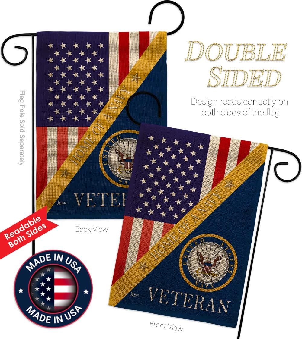Home of Navy Burlap Garden Flag - Set with Stand Armed Forces USN Seabee United State American Military Veteran Retire
