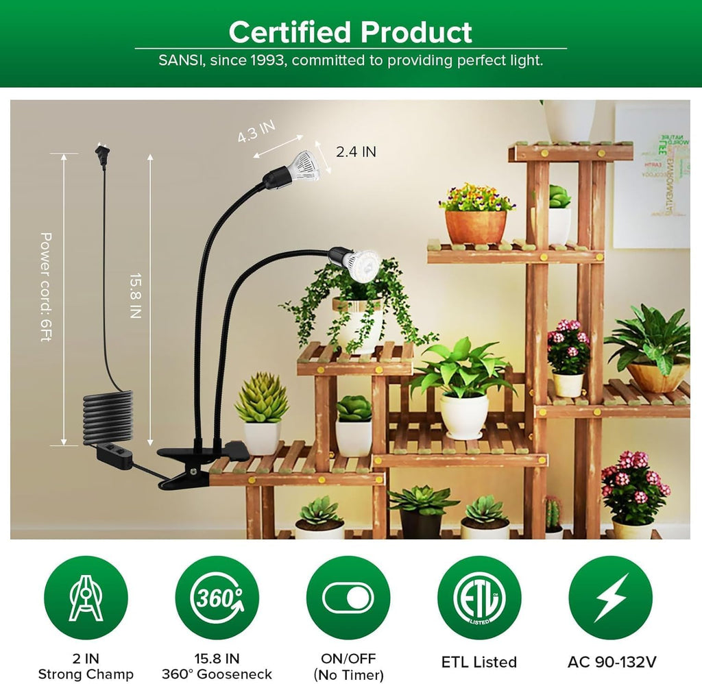 SANSI LED Grow Lights for Indoor Plants, 300W Full Spectrum Gooseneck Clamp | Grow Lamp, 20W Power Plant Light with