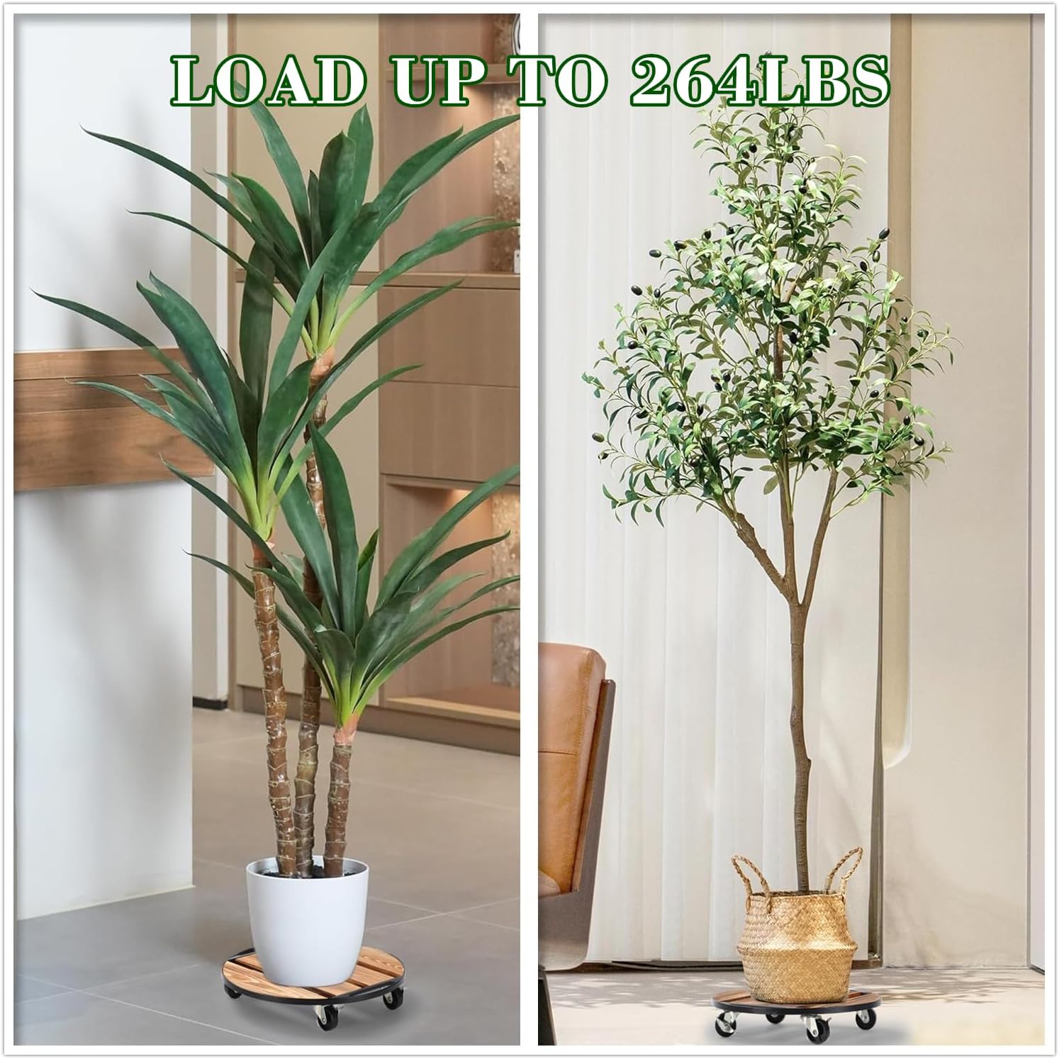 2 Pack Plant Stand with Wheels, 14" Rolling Plant Caddy 264 LB Heavy Duty, Iron and Wood Round Plant Dolly with Metal